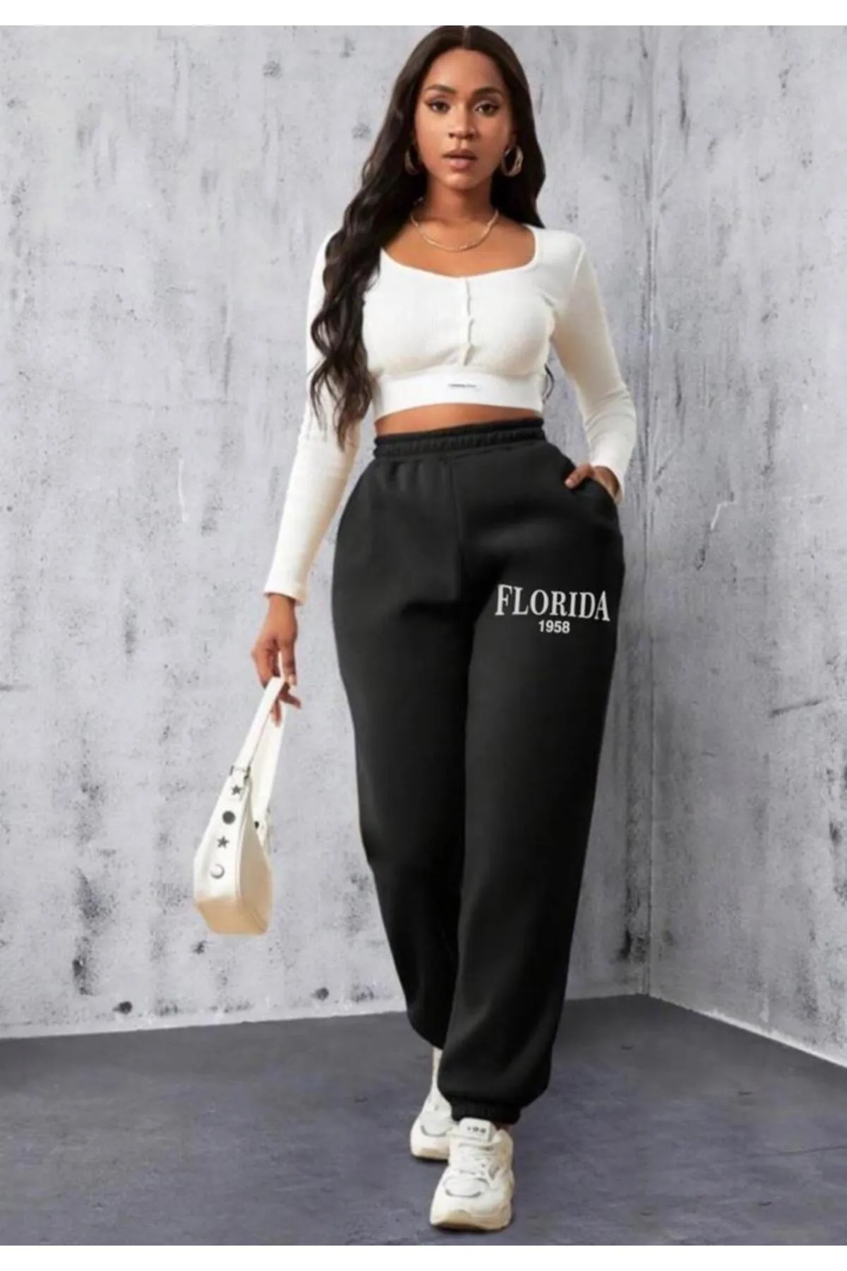 My Blog  Schwarze, lässige, bedruckte Florida-Jogginghose für Damen mit elastischem Bund und Beinen