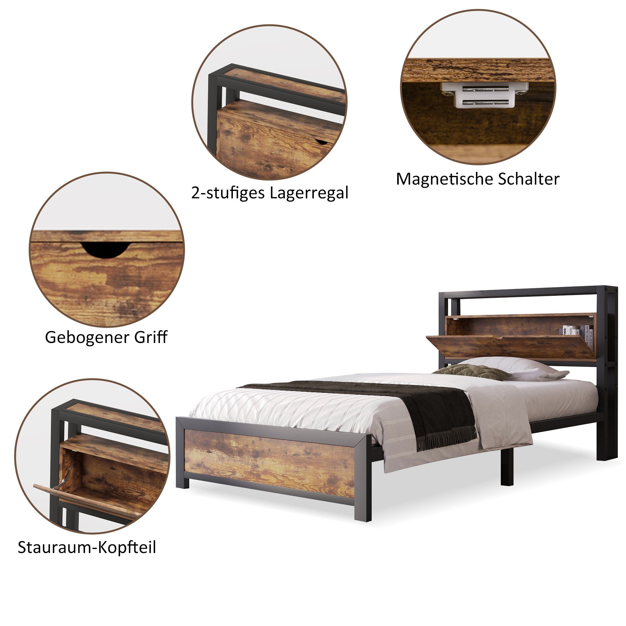 Flieks Metallbett, Einzelbett mit Stauraumfach 90x200cm Eisen Bettgestell