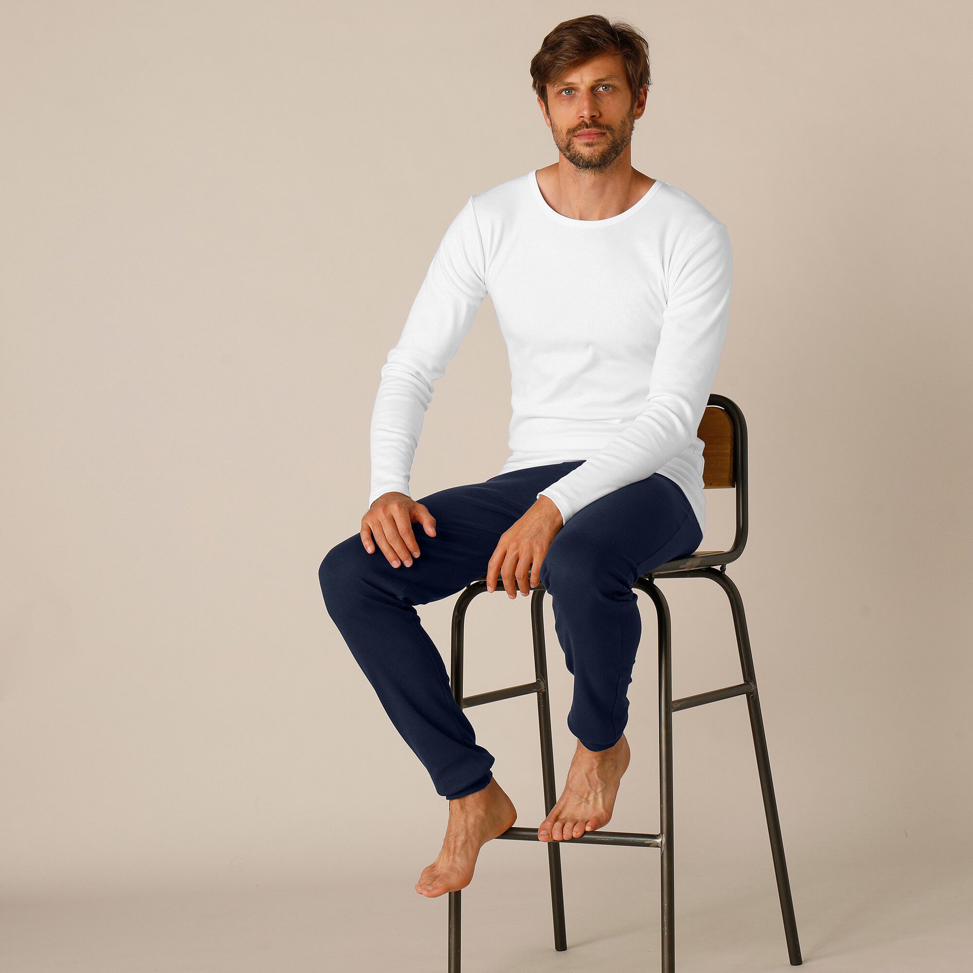 Tee-shirt sous-vêtement homme col rond manches longues dos long coton