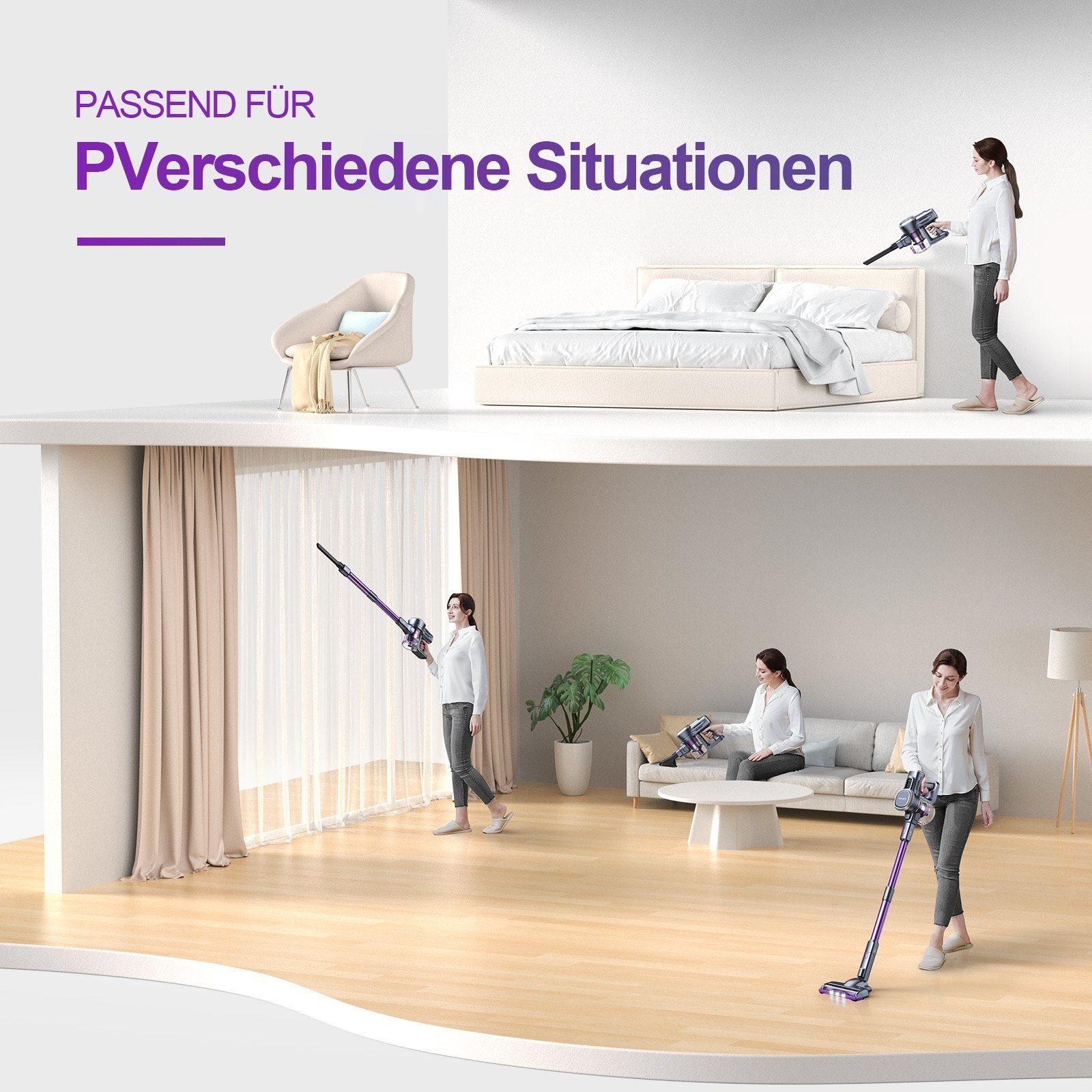 oyajia Akku-Stielstaubsauger kabellos 6in1 Freistehender Akkusauger 25,9V, 235,00 W, beutellos, 50Min. Laufzeit für Hartboden, Teppich, Tierhaare