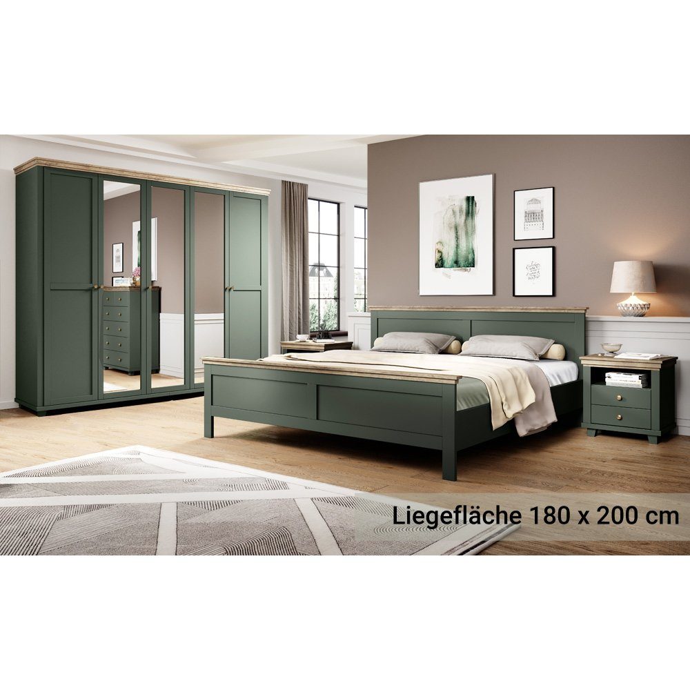 Lomadox Schlafzimmer-Set EPSOM-83, (Spar-Set, 4-St), Doppelbett Liegefläche 180x200 cm in grün mit Lefkas Eiche Nb.