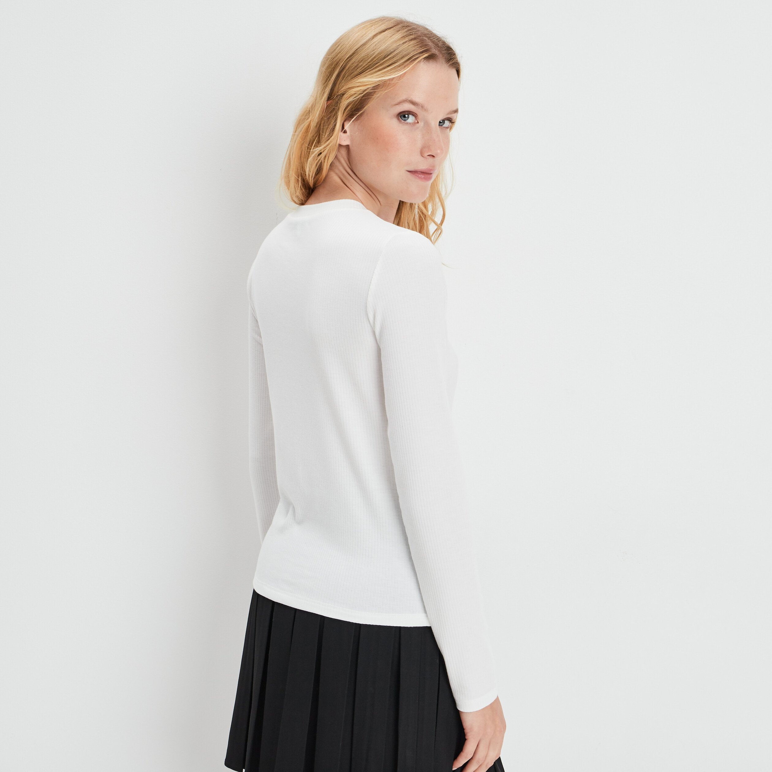 T-shirt côtelé manches longues blanc femme | La Halle