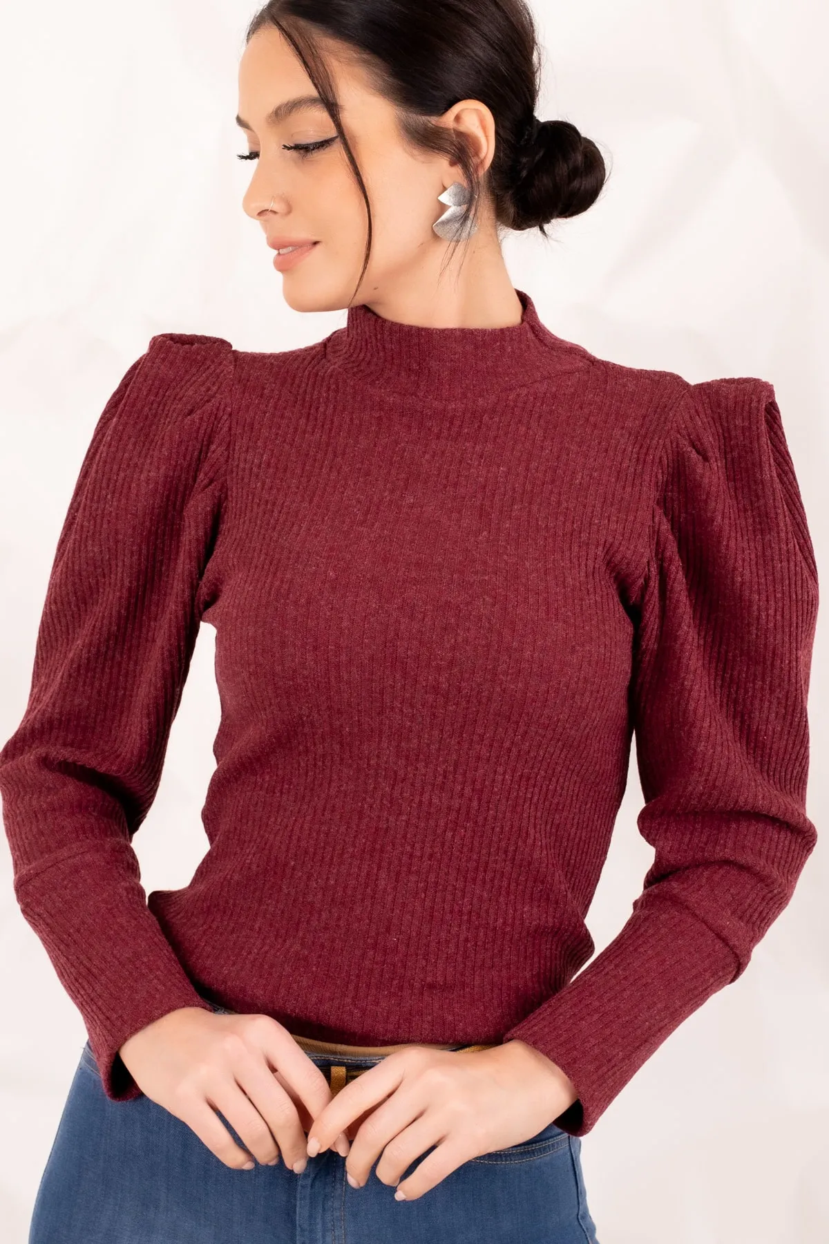 armonika  Burgunderroter Strickpullover mit Wassermelonenärmeln für Damen ARM-20K001103