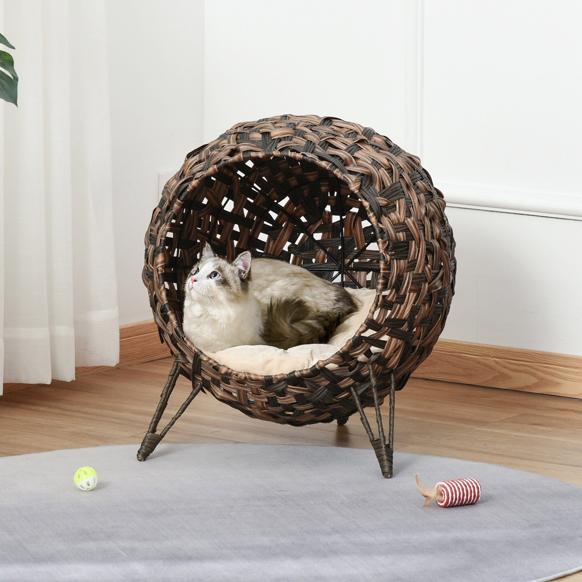 PawHut Tierhaus Katzenhaus aus Rattan mit Kissen Katzenhöhle mit erhöhten Füßen, Braun, Ø52 x H58 cm