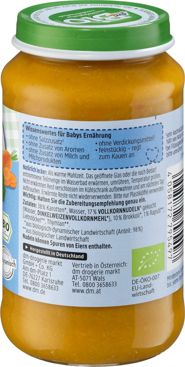 Menü Karotte-Brokkoli mit Dinkelnudeln ab dem 8.Monat, Demeter, 220 g