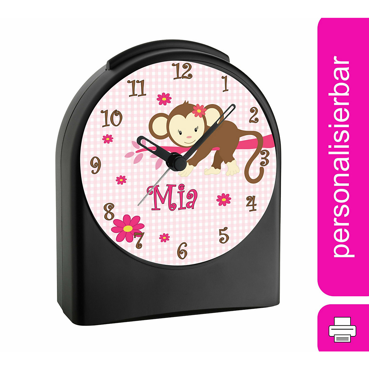 Kinder Funkwecker personalisiert mit Namen Affe Atom-/Funkuhr, 12-Stunden-Anzeigeformat, Schlummerfunktion, Nachtlicht, Geräuschlos/Ohne Ticken