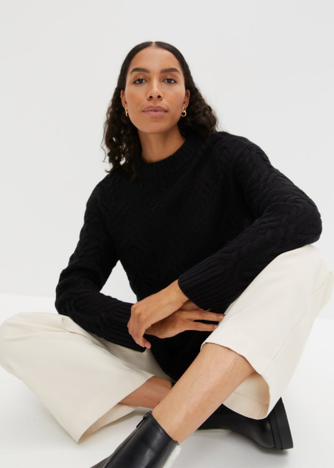Rundhals-Pullover mit Zopfmuster