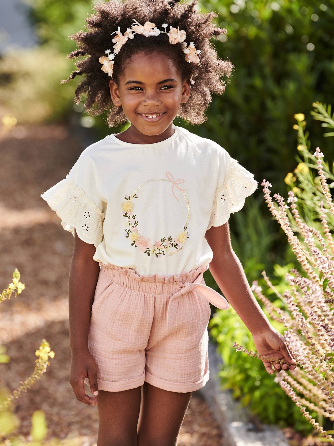 T-shirt motif couronne détails irisés fille écru