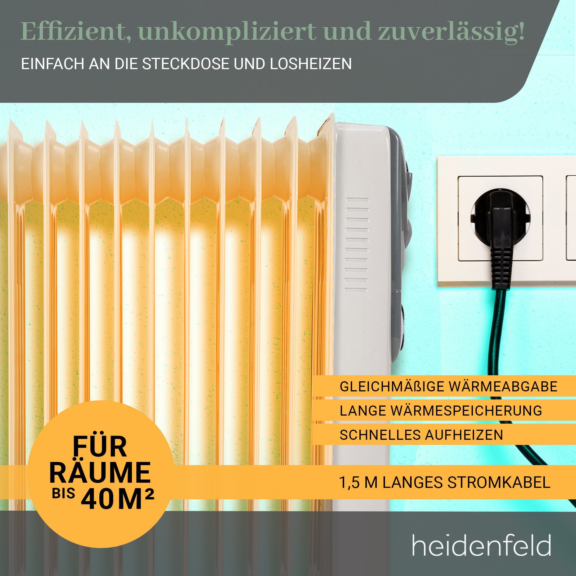Heidenfeld Ölradiator Mobiler Elektro Heizkörper ÖR200 Heizung inkl. 3 J. Garantie, 2500 W, Thermostat - Heizstrahler - Elektroheizung - Heizlüfter