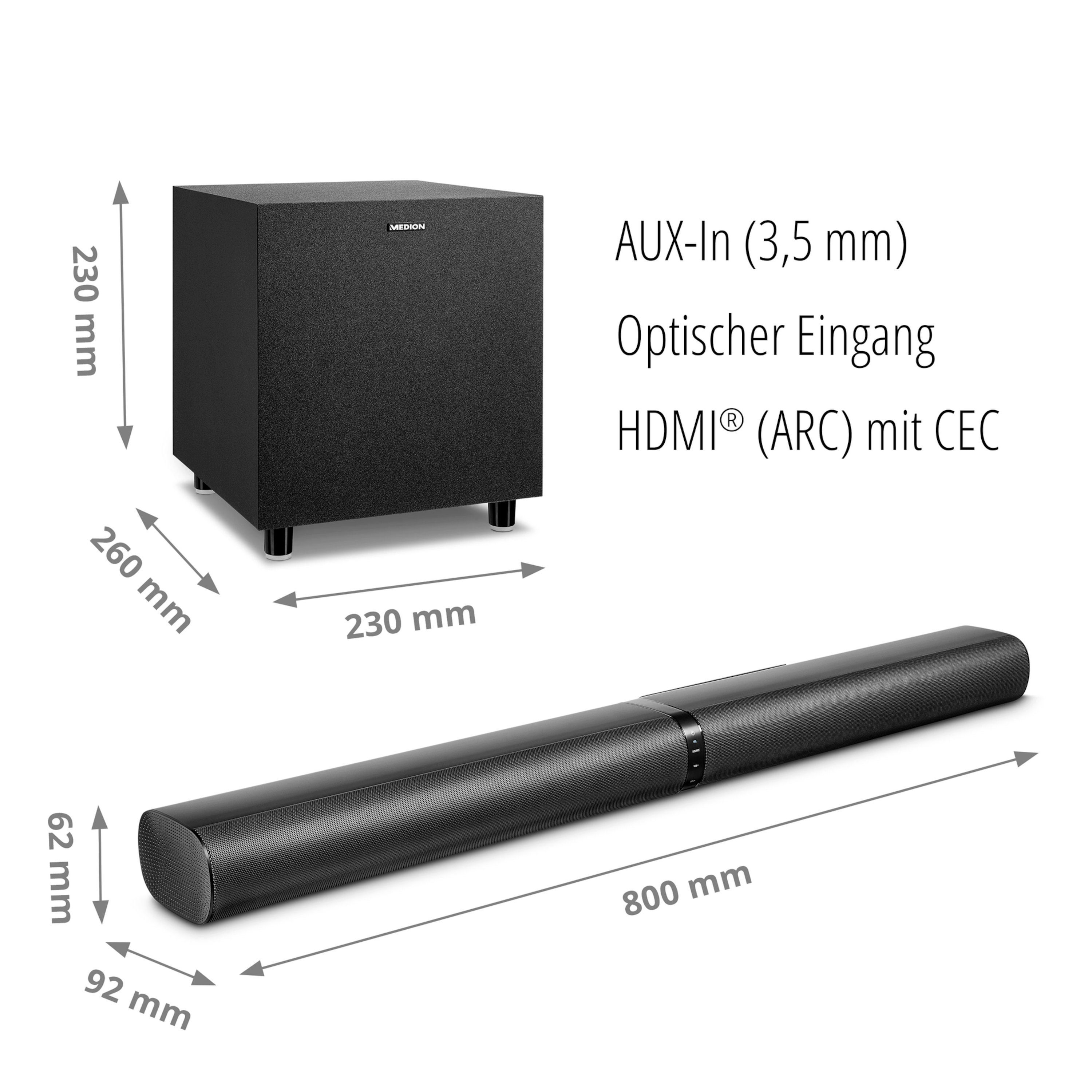 Medion® LIFE® P61450 Soundbar, Bluetooth®, 2 x 30 W und 60 W (RMS) Subwoofer Soundbar (30 W, MD45001)