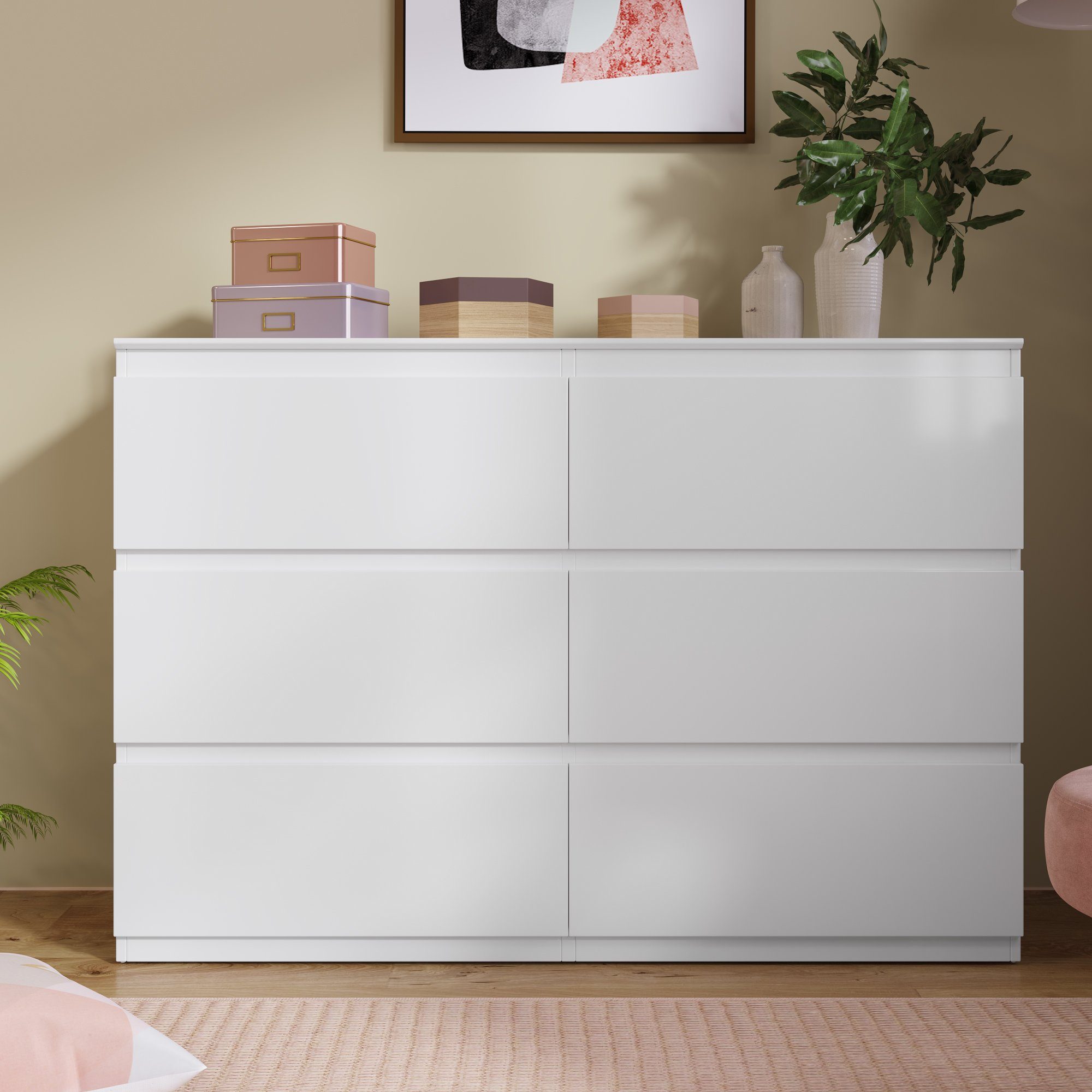 REDOM Anrichte Schubladenkommode Kommode (mit 6 Schubladen 130CM, Weiß -B130/T40 /H88cm), Highboard Weiss Sideboard, für Schlafzimmer & alle Wohnräume