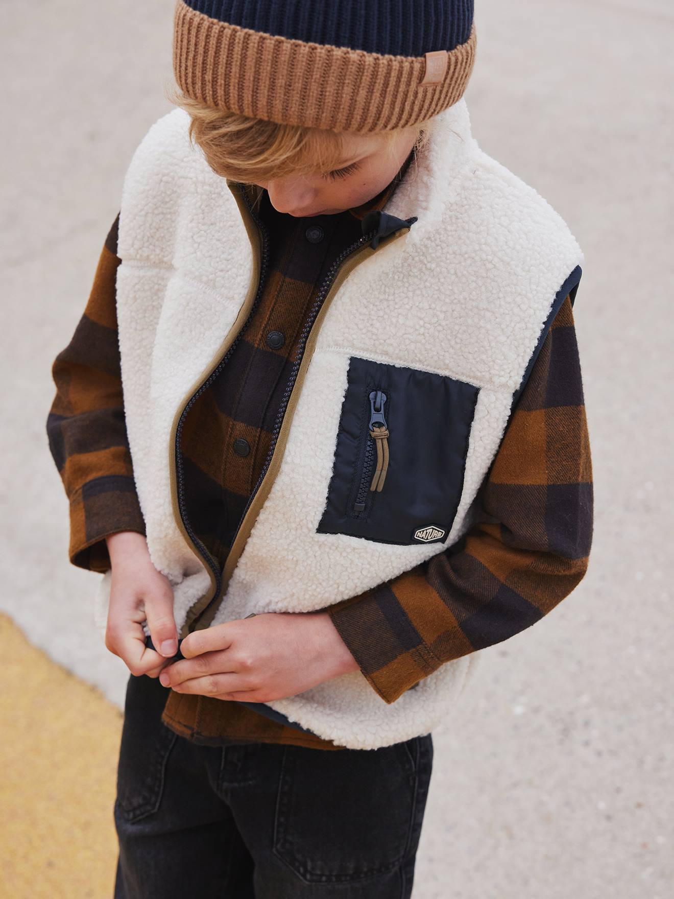 Veste zippée sans manches en sherpa garçon écru