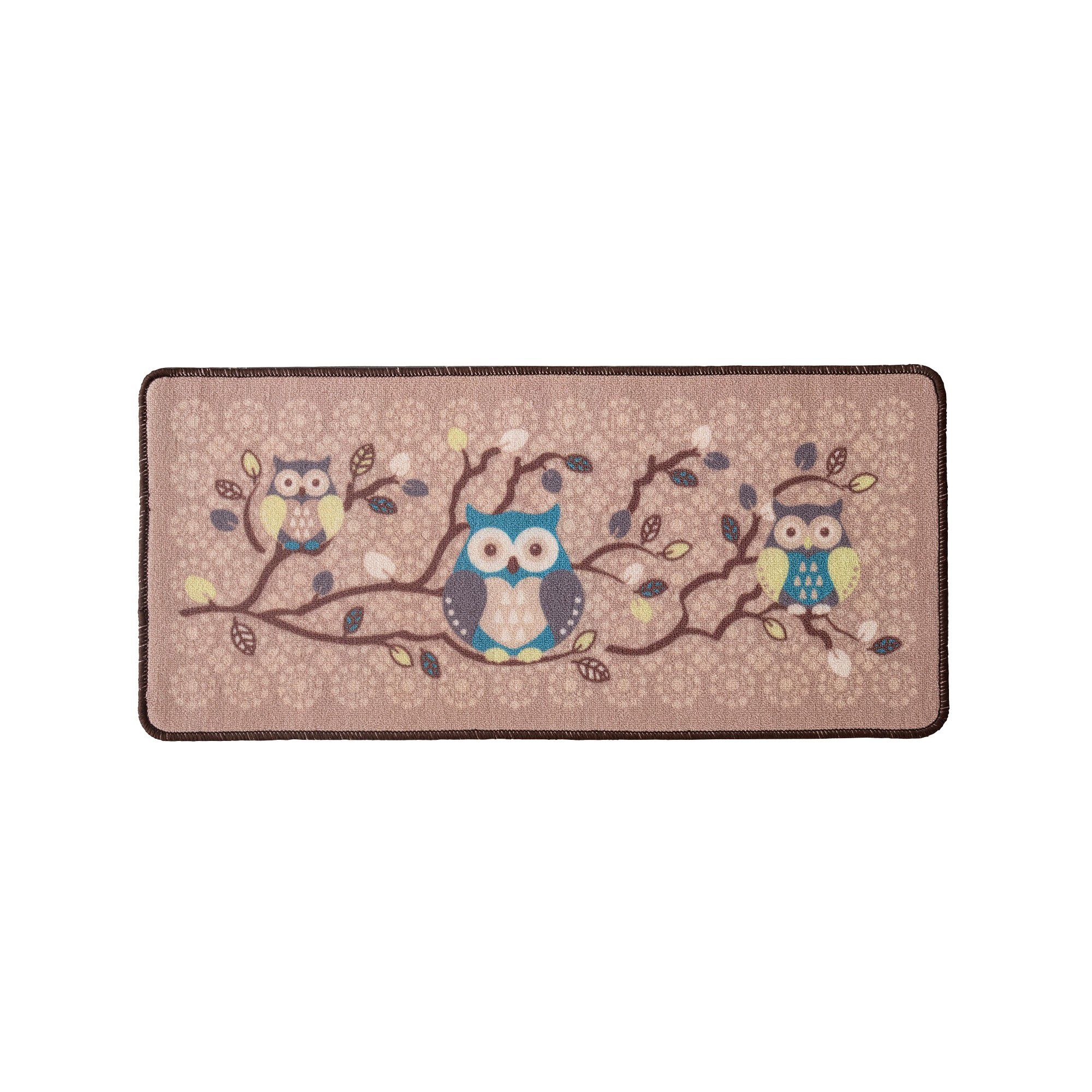 Tapis cuisine beige imprimé chouettes
