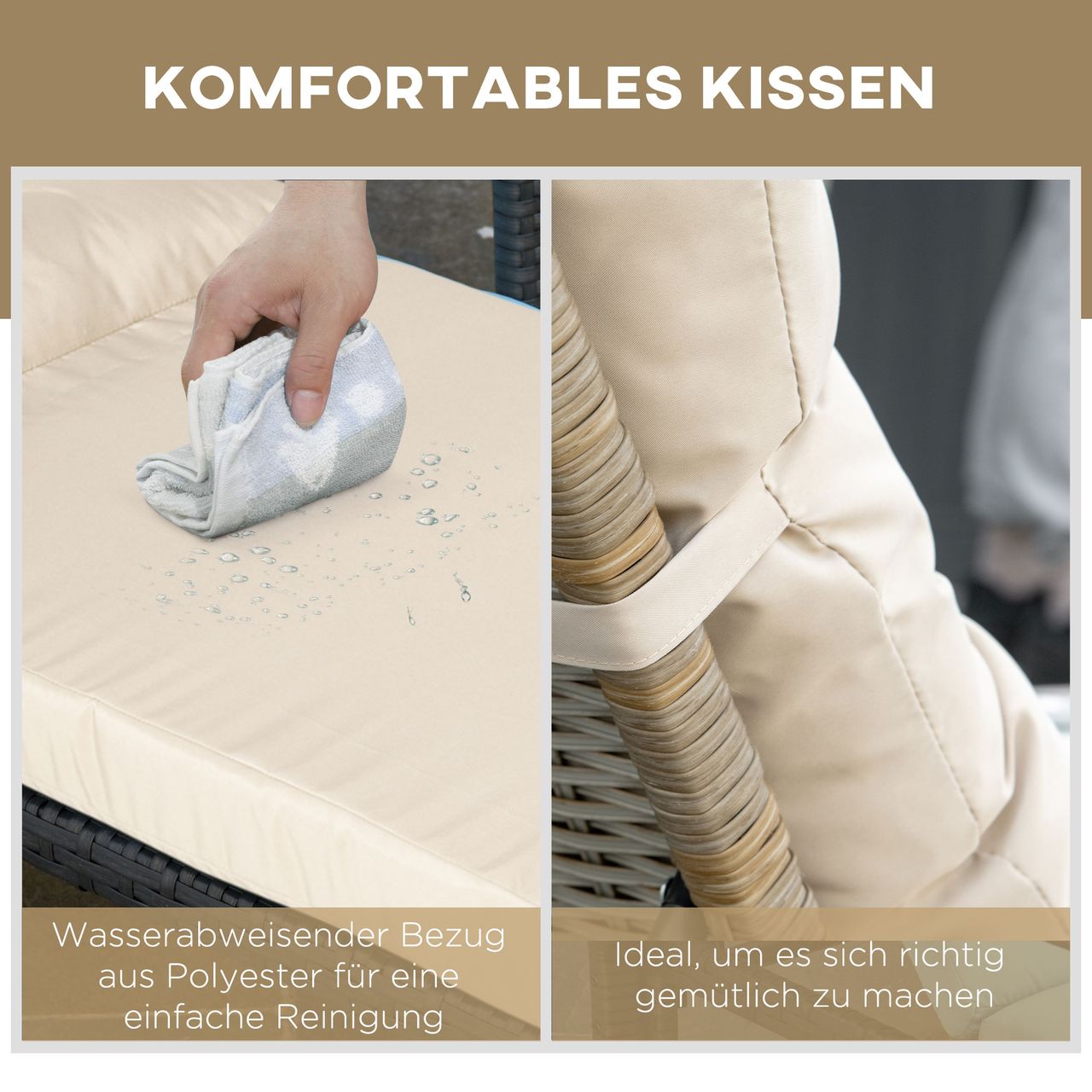 Outsunny Polyrattan Sonnenliege Gartenliege mit Rollen Kissen 4-stufig verstellbar Rattanliege Gartenmöbel Liege Stahl Natur Khaki 200 x 66 x 92 cm