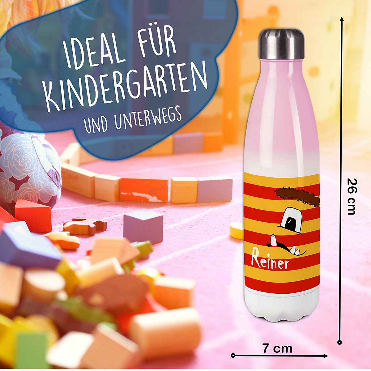 Edelstahl Kinder Thermoflasche / Trinkflasche bunt Monster Streifen Farbe rot gelb Spülmaschinenfest, Auslaufsicher, Bruchfest, Doppelwandig, Für Heißgetränke geeignet, Mit Deckel, Isoliert