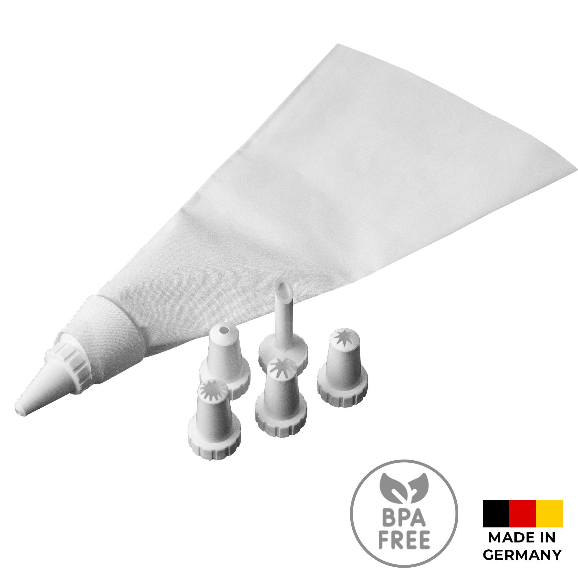 Wüllner + Kaiser Spritzbeutel Tortenspritze mit 6 Tüllen (7-tlg., Set) wiederverwendbarer, waschbarer Spritzsack aus Baumwolle