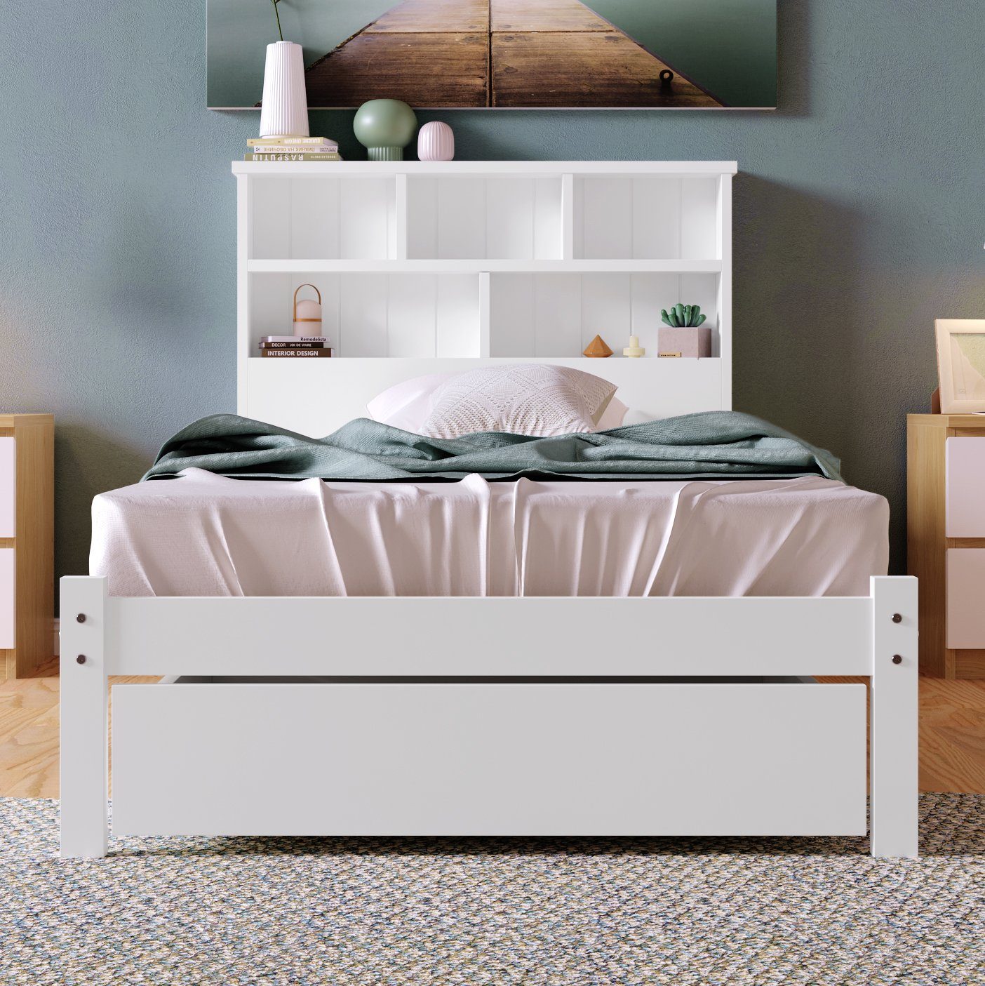 OKWISH Massivholzbett Kinderbett (90x200cm Weiß), mit Schubladen und Lattenrost,Bücherregal