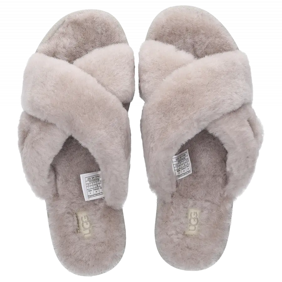 UGG - Hausschuhe FUZZETE Lammfell Logo weiß - grau