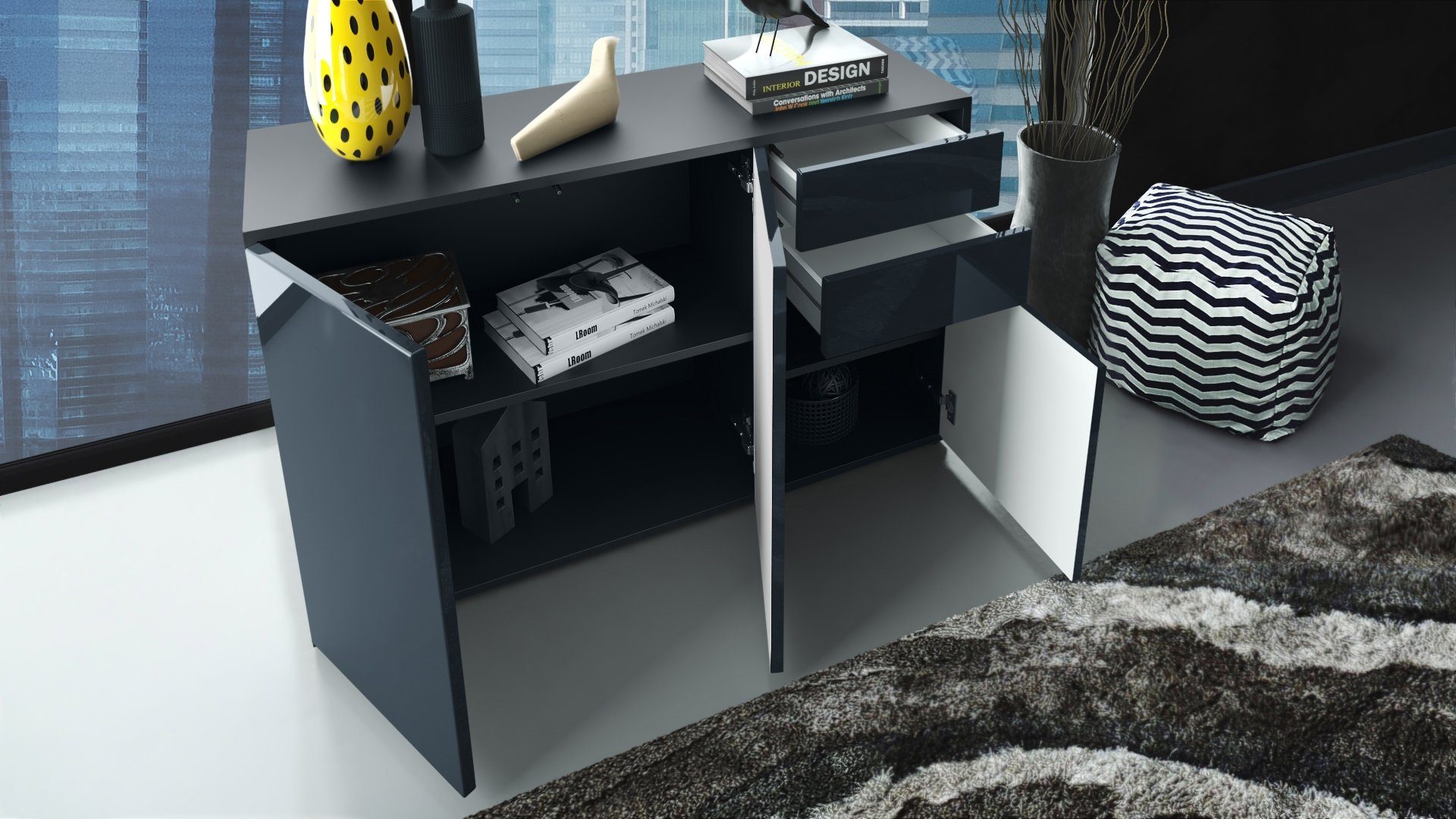 Vladon Kommode Ben (Kommode, mit 3 Türen und 2 Schubladen), Schwarz matt/Weiß matt (117 x 74 x 36 cm)