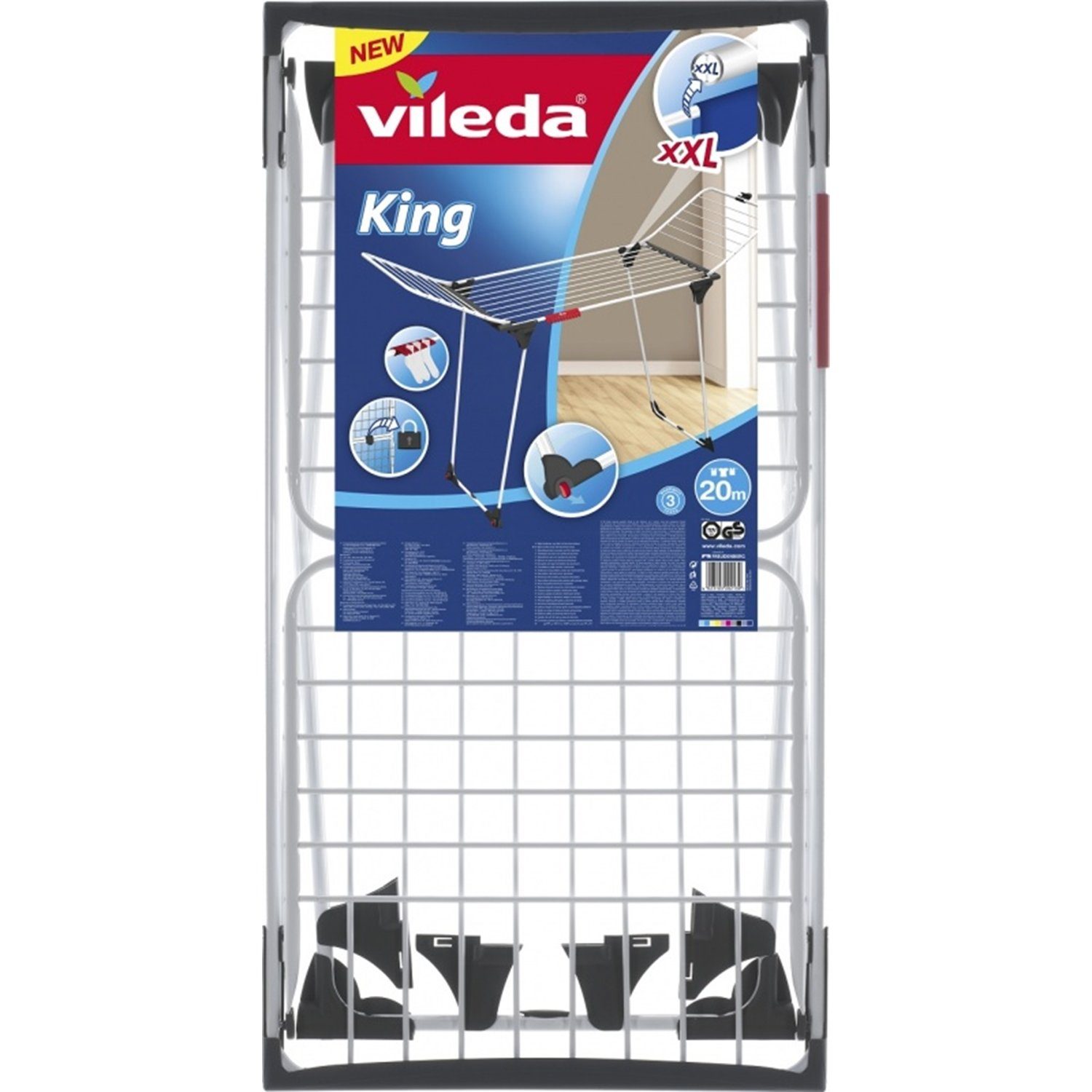 Vileda Wäscheständer King, 20 Meter Leinenlänge inkl. 2 Kleinteilehalter; Rollen mit Transportsicherung zum Zusammenklappen