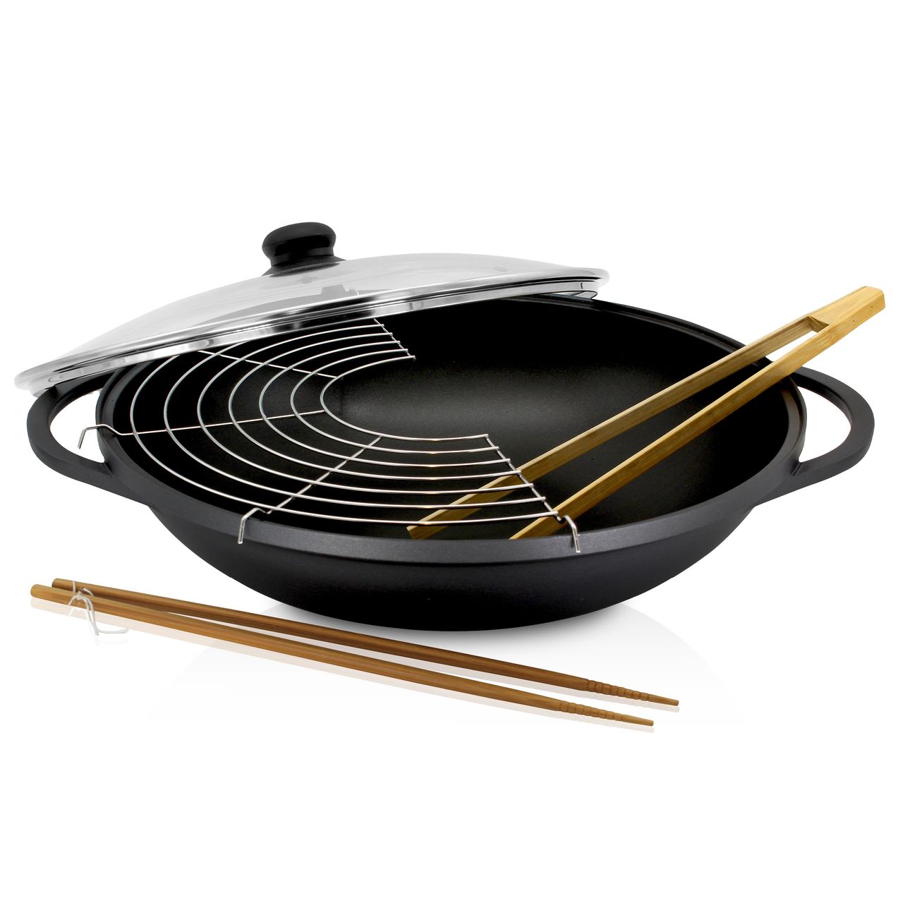 Karl Krüger Aluguss Wok LEIPZIG mit Glasdeckel und Zubehör, 36 cm