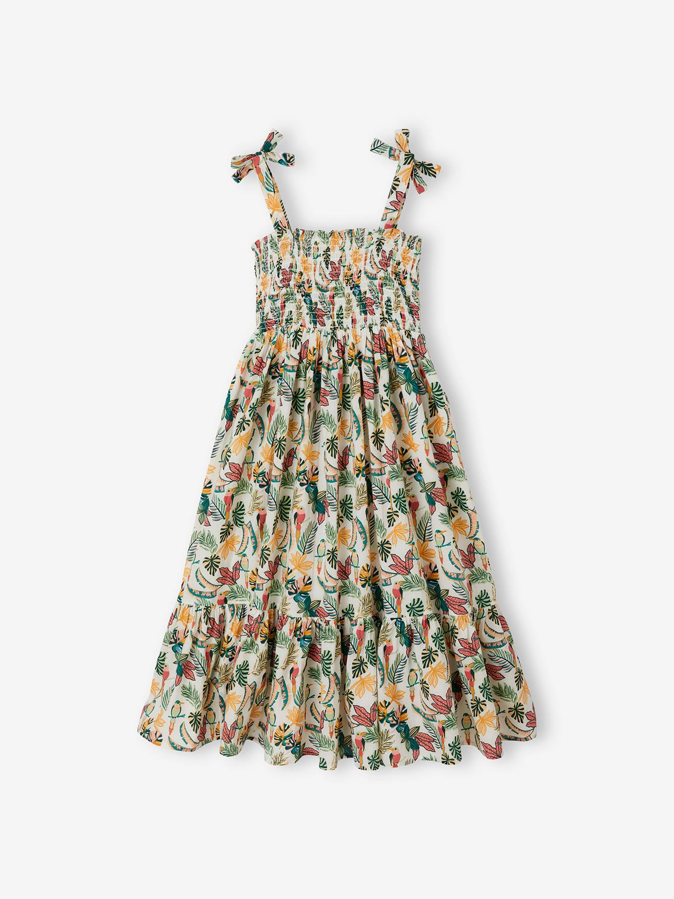 Robe longue à smocks fille beige imprimé
