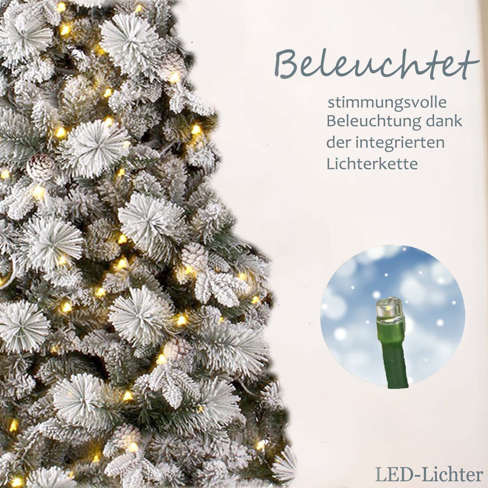 Sinaopus Künstlicher Weihnachtsbaum BW01 Tannenbaum mit beleuchtung, LED Christbaum, Schnee PE+PVC, mit 1000 Spitzen und 300 Warm-Weißen LED, 180 cm mit Metallständer