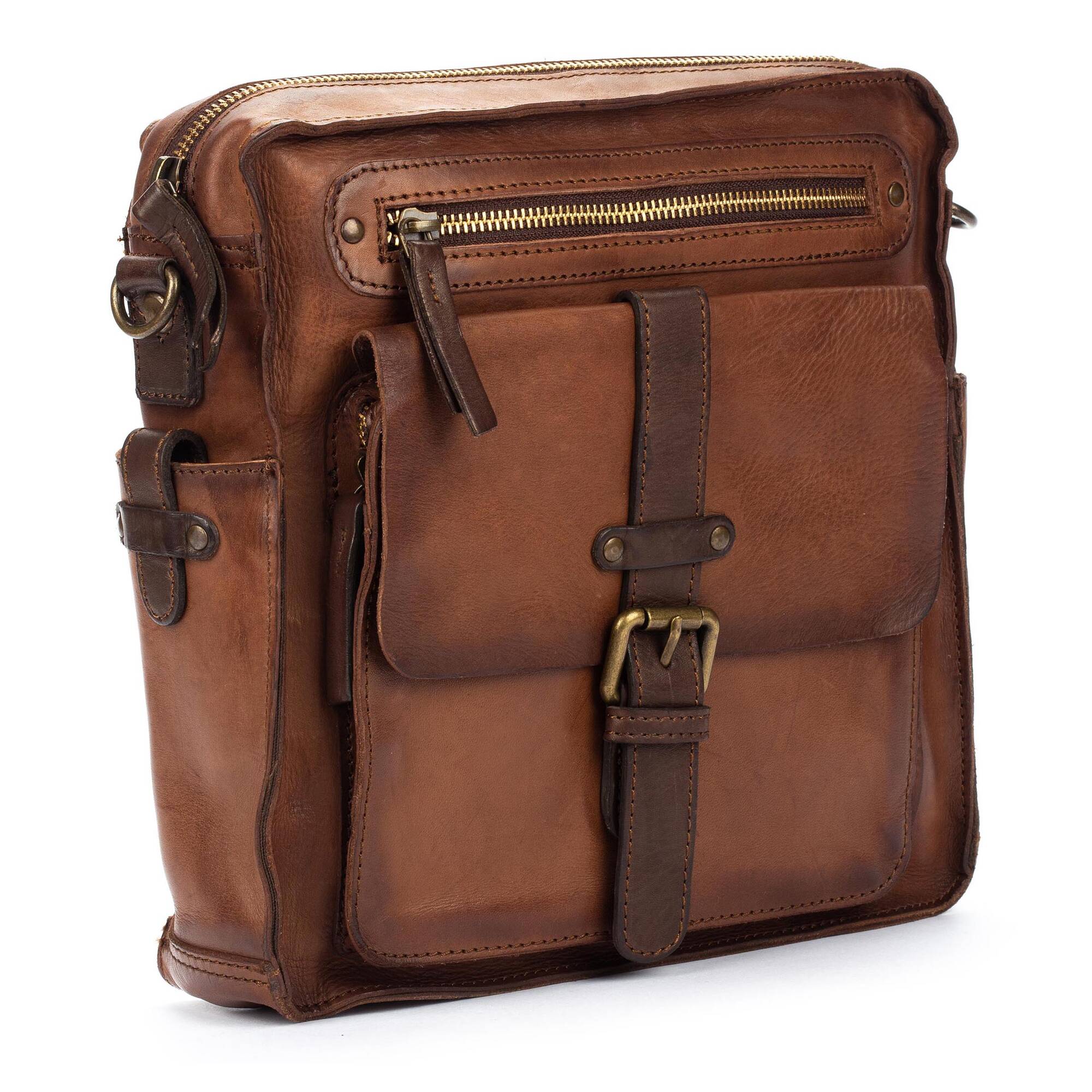 Męska torba z tkaniny washed line - COGNAC