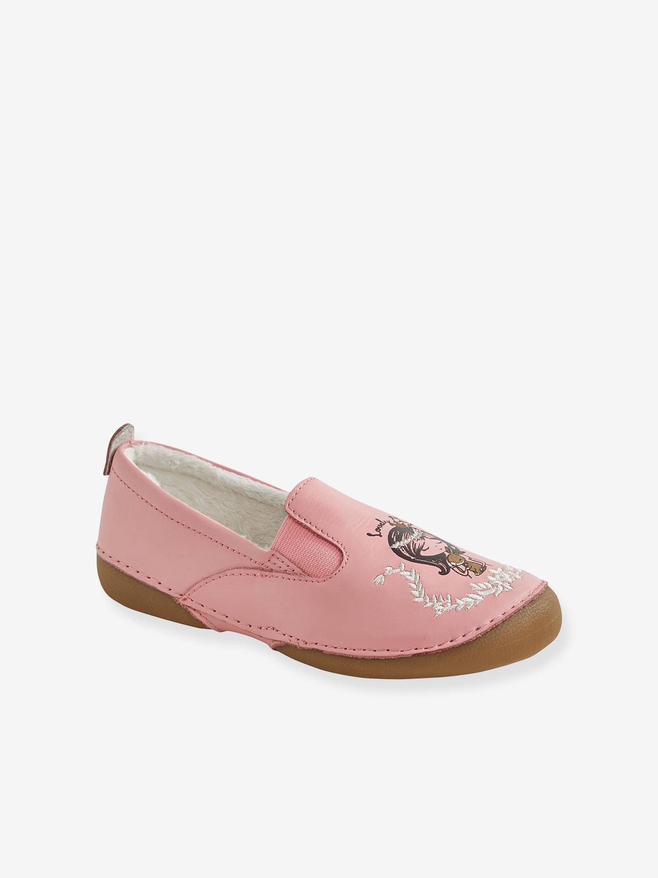 Chaussons fourrés fille en cuir rose