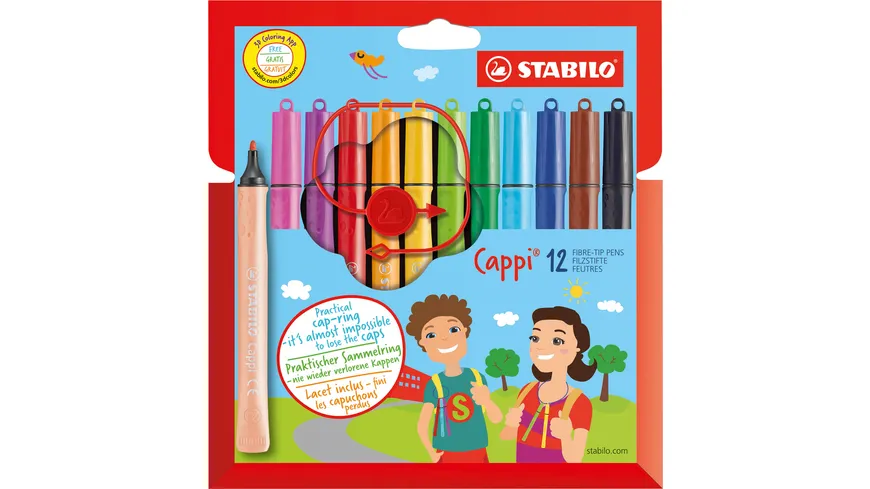 STABILO® Filzstift mit Kappenring - STABILO Cappi - 12er Pack - mit 12 verschiedenen Farben sortiert