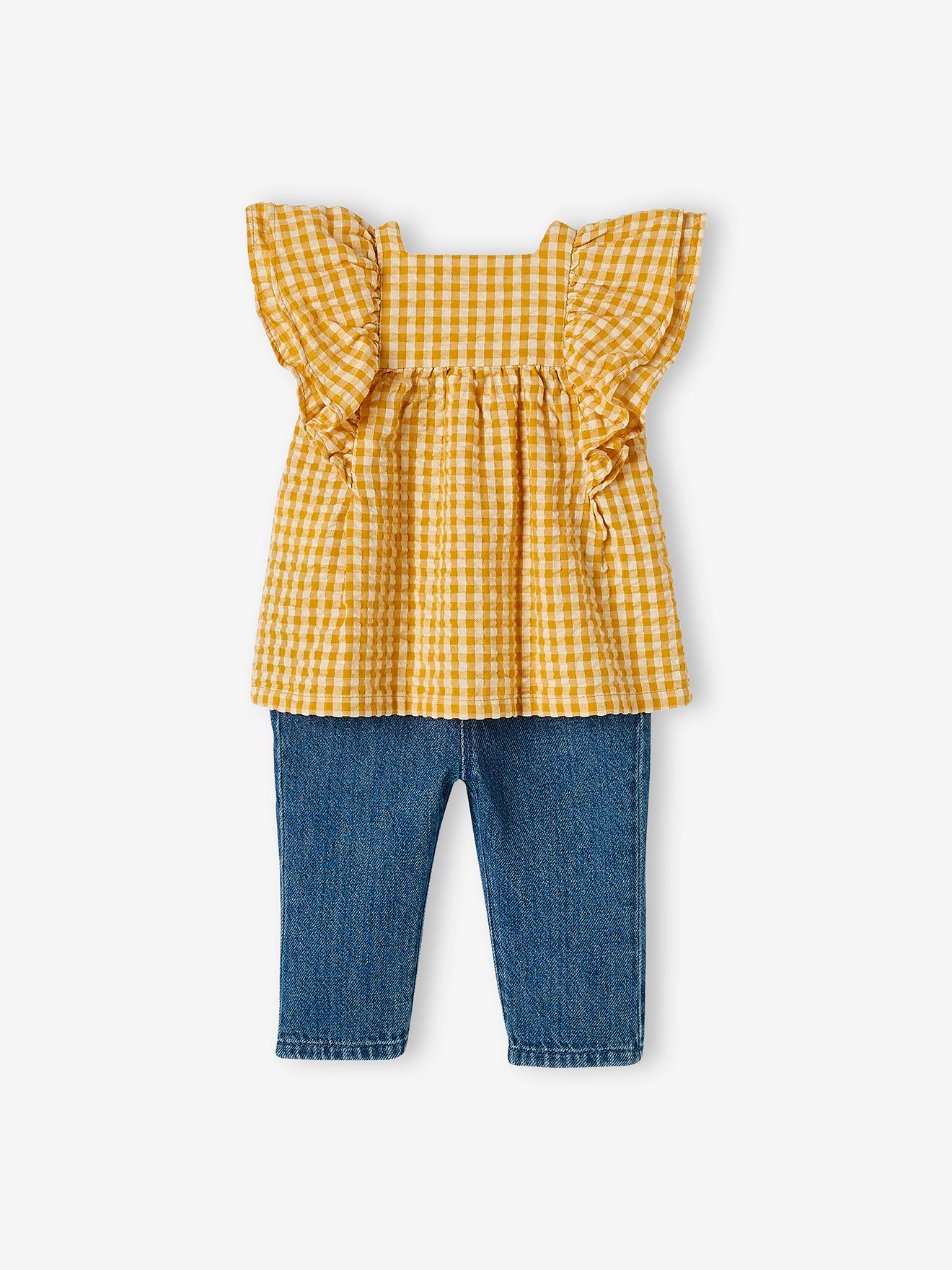 Ensemble blouse vichy en seersucker et jean large bébé carreaux ocre
