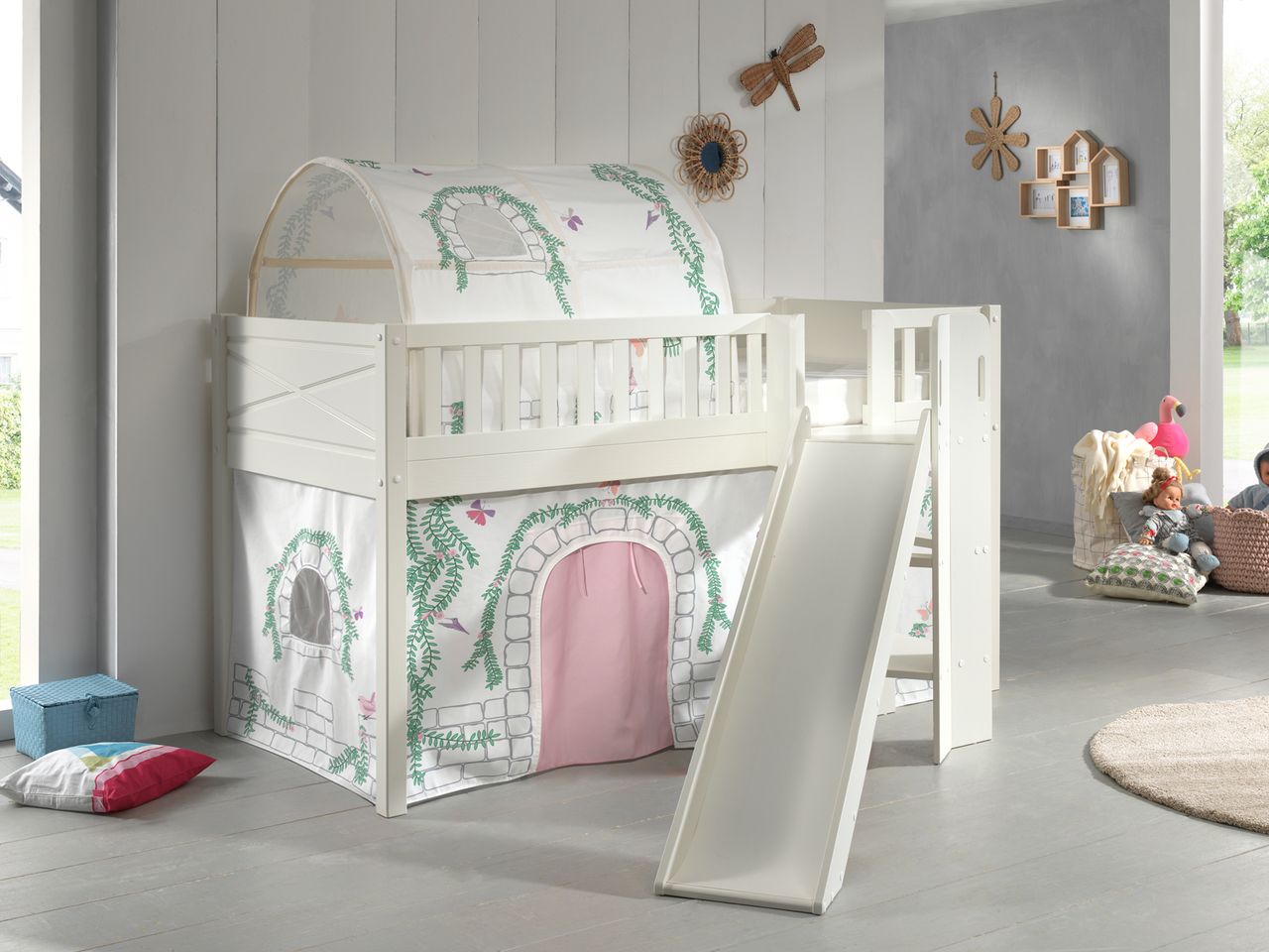 VIPACK Spielbett SCOTT, LF 90 x 200 cm, mit Rolllattenrost, Rutsche, Leiter und Textilset Vorhang und Tunnel 
