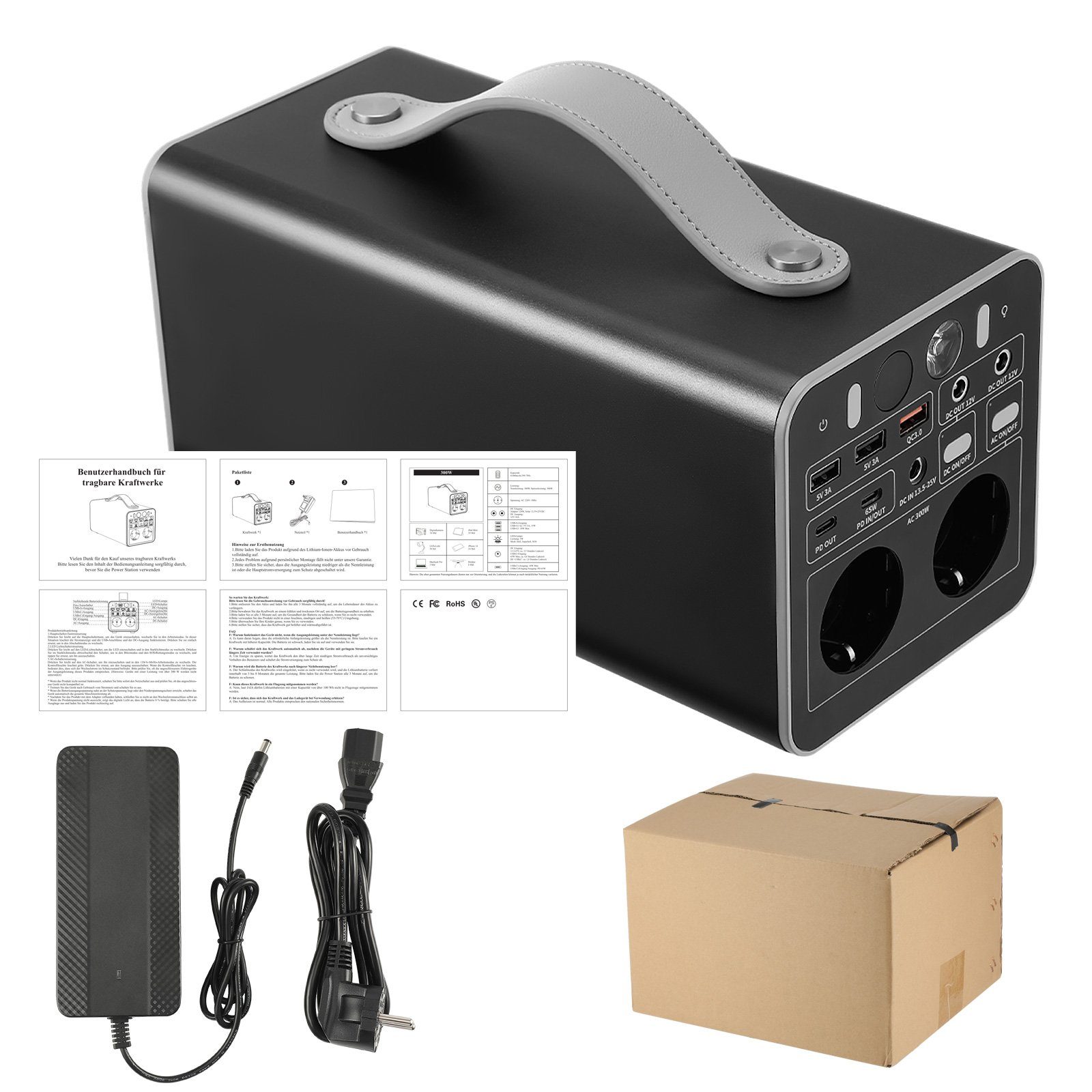 iscooter Stromerzeuger 300W Tragbare Powerstation 0,30 in kW 230V mobiles Kraftwerk tragbarer, 0,30 in kW, LiFePO4-Batterie, AC/DC/USB C/QC3.0/PD, 0,30 in kW