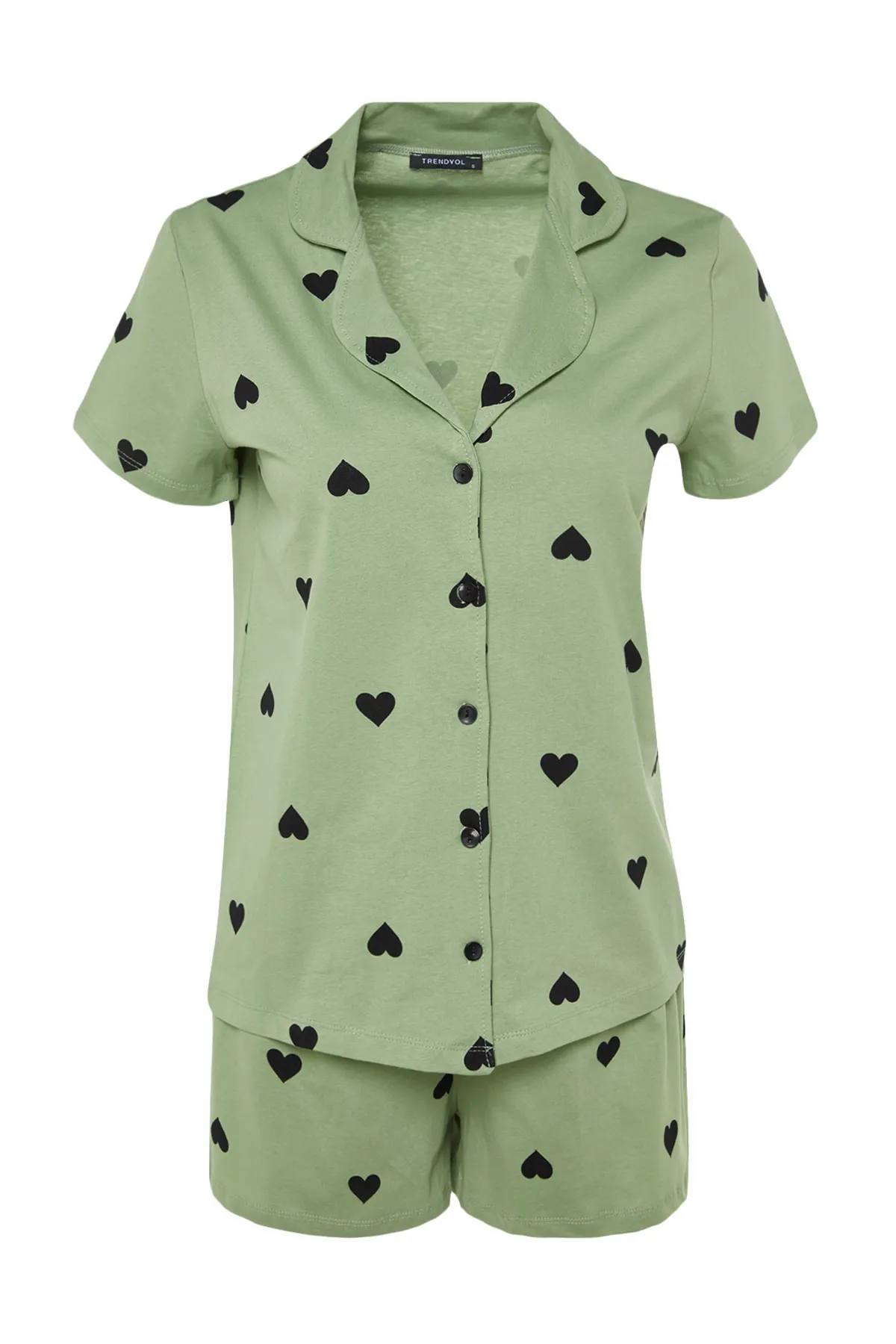 Trendyol Collection  Grünes, gestricktes Pyjama-Set mit Hemd und Shorts aus 100 % Baumwolle mit Herzmuster THMSS21PT0756