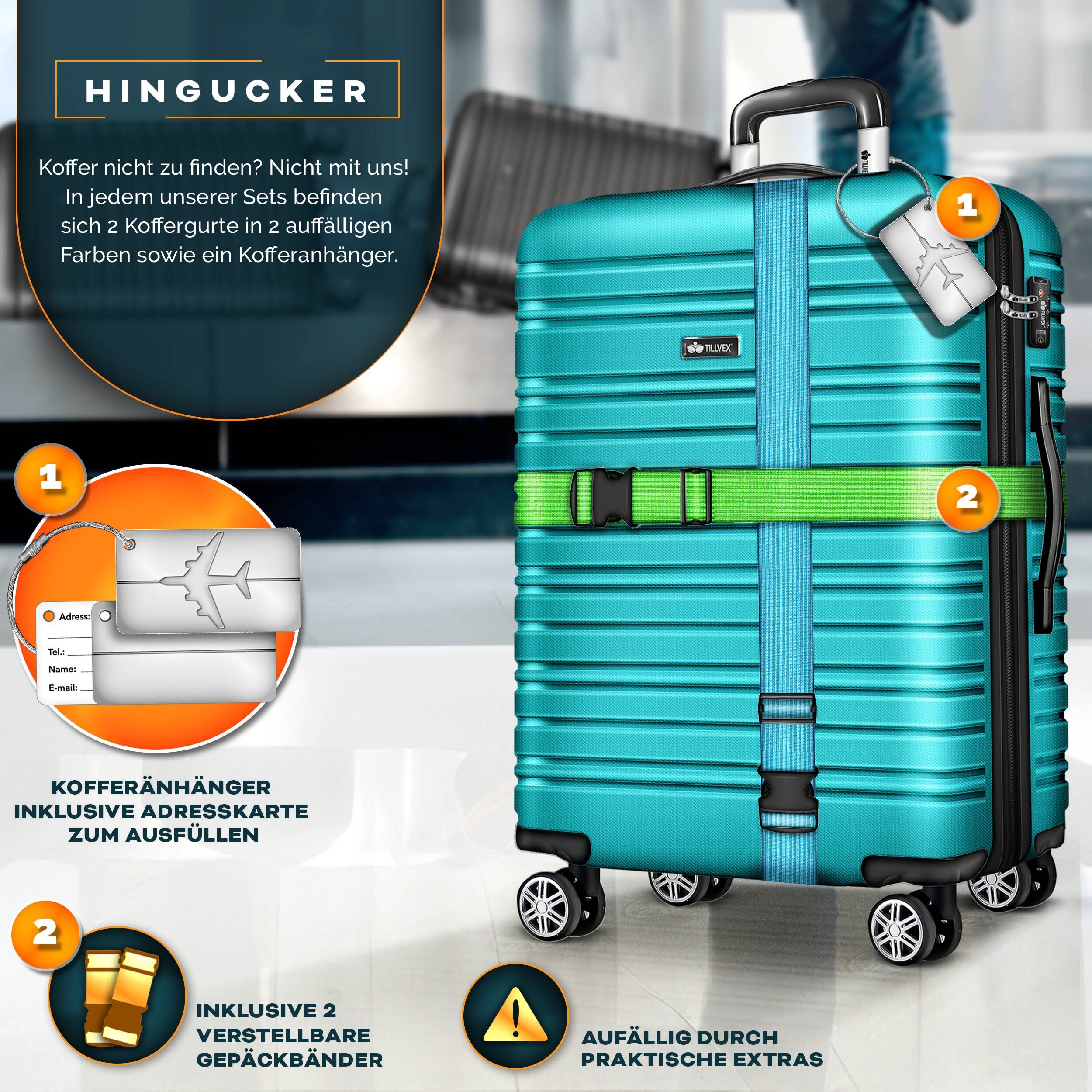 tillvex Kofferset Reisekoffer Set 4-teilig mit Gepäckwaage, Koffergurte, (und Kofferanhänger Hartschale Kofferset mit 4 Rollen, Trolley Gepäck Koffer mit TSA Schloss Rollkoffer)