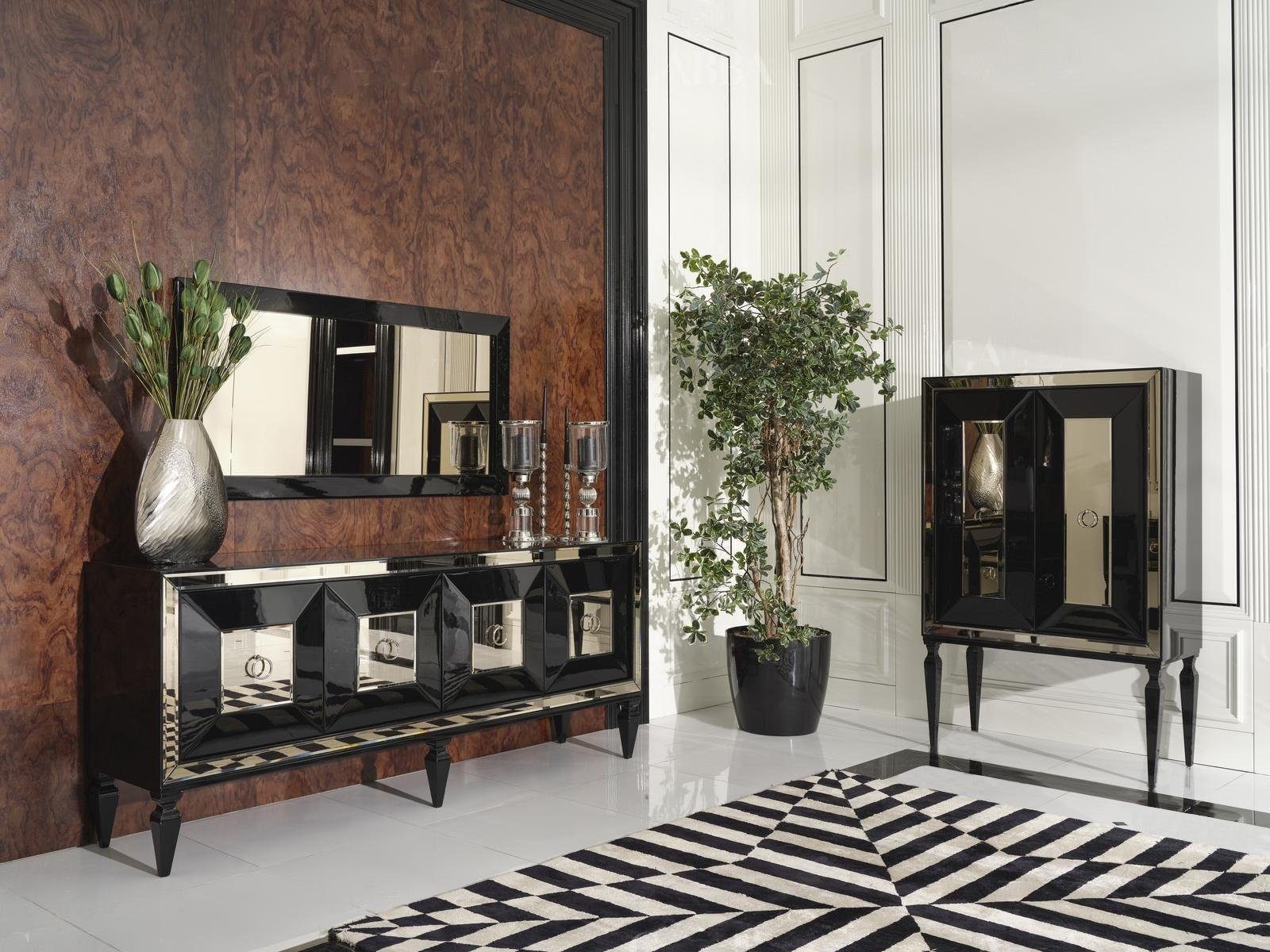 JVmoebel Esszimmer-Set Komplette Sideboard Spiegel Barschrank Schwarz Holz Anrichte Schrank, (3-St., 1x Sideboard + 1x Spiegel + 1x Barschrank), Made in Europa