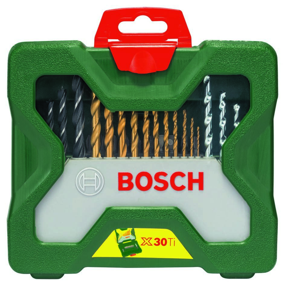 Accessoires verts Bosch 2607019324 Coffret de 30 pièces comprenant forets, mèches, porte-mèches et foret à fraiser, le tout dans un coffret pratique.