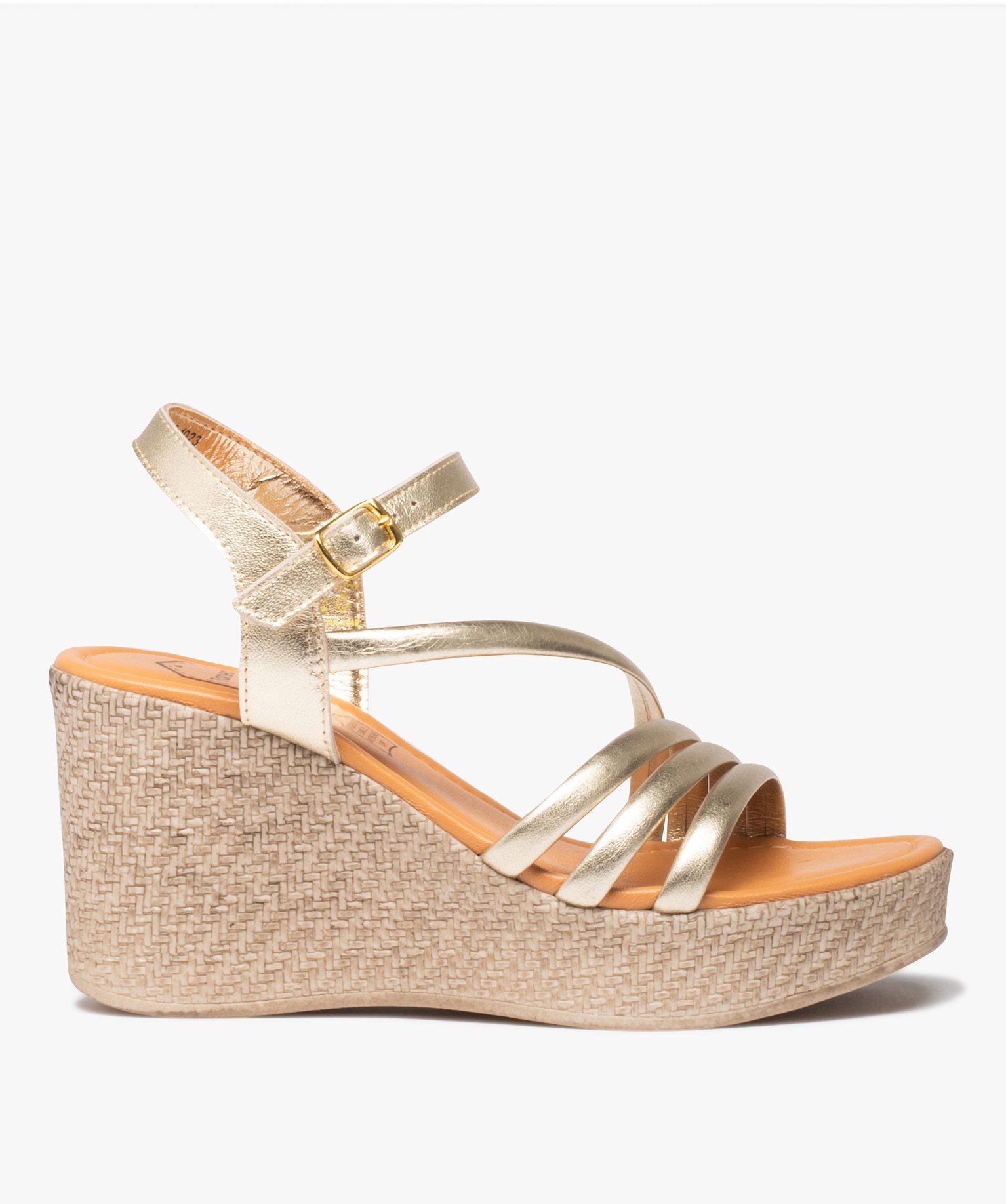 Sandales femme compensées à brides métallisées en cuir -... or | GEMO