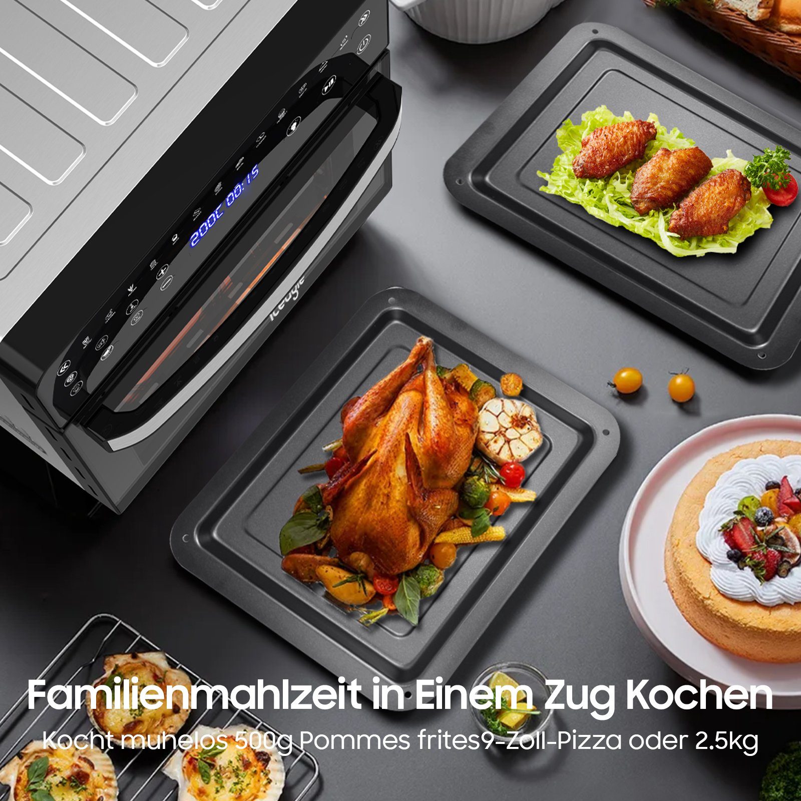 iceagle Heißluftfritteuse Heißluftfritteuse 15L, Heißluft-Backofen mit 13 Programme, 1800,00 W