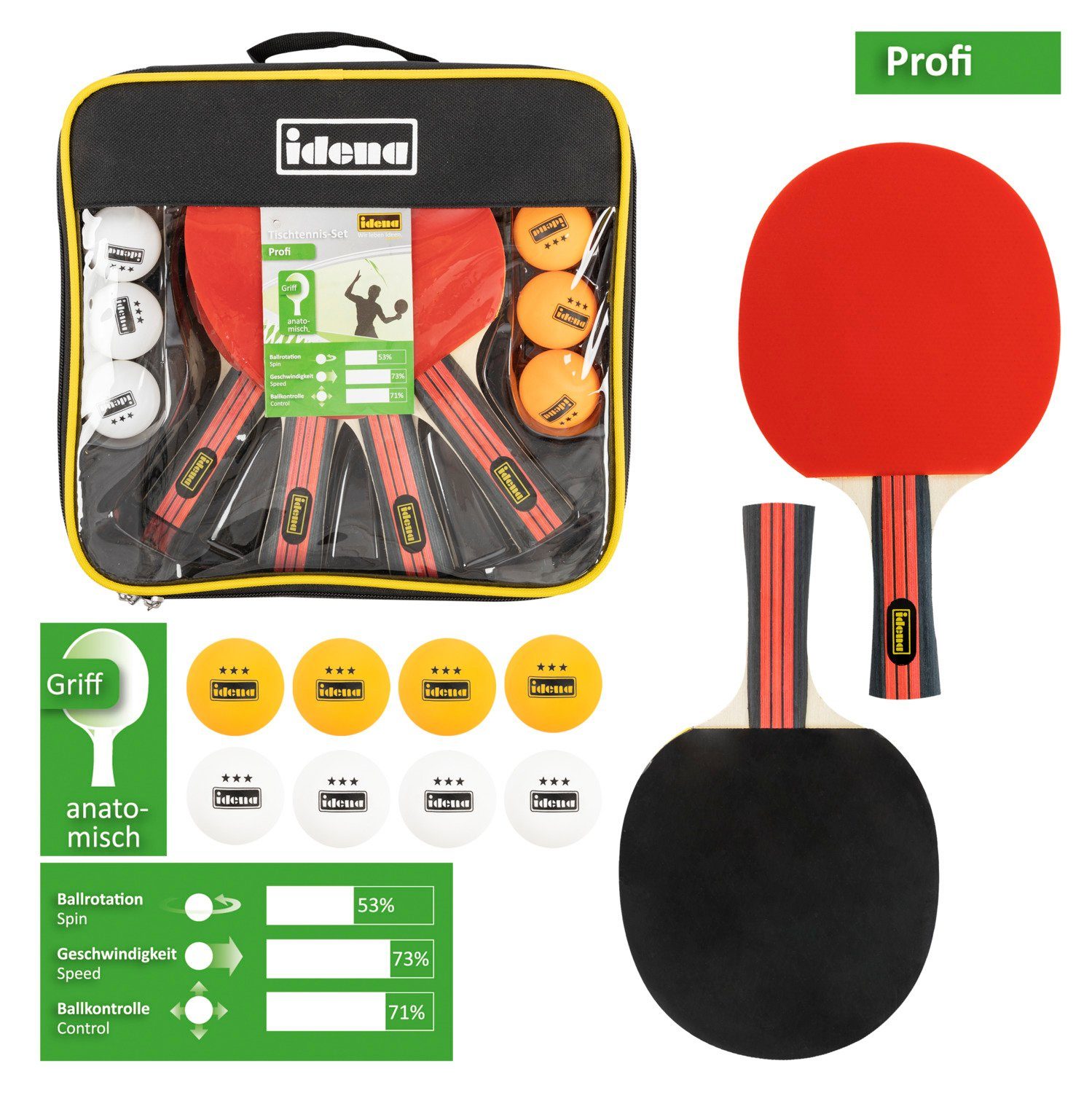 Idena Tischtennisschläger Idena 40222 - 12-teiliges Tischtennis-Set mit 4 Tischtennisschlägern (Set)