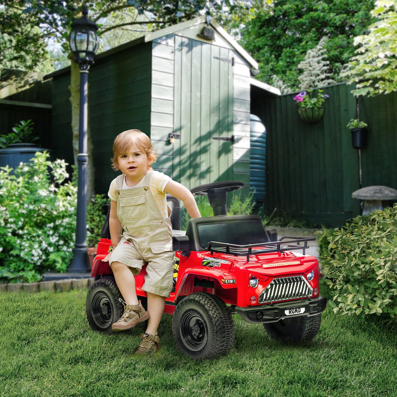 HOMCOM Elektro Kinderauto, Geländewagen mit Musikanschluss, Stauraum, Rot