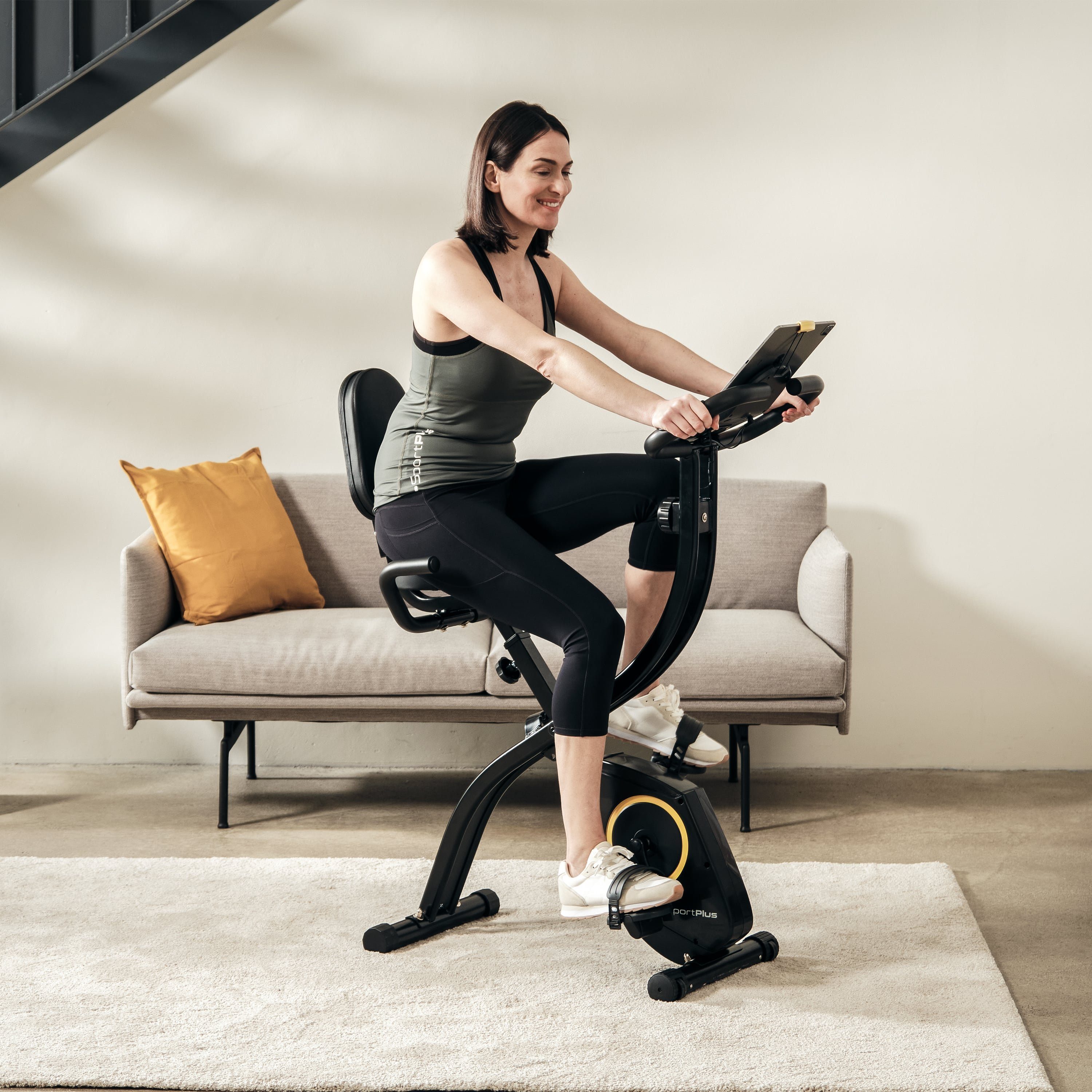 SportPlus Heimtrainer SP-HT-1300-B-iE, Heimtrainer, X-Bike, klappbar für Zuhause, Rückenlehne, 8 Stufen
