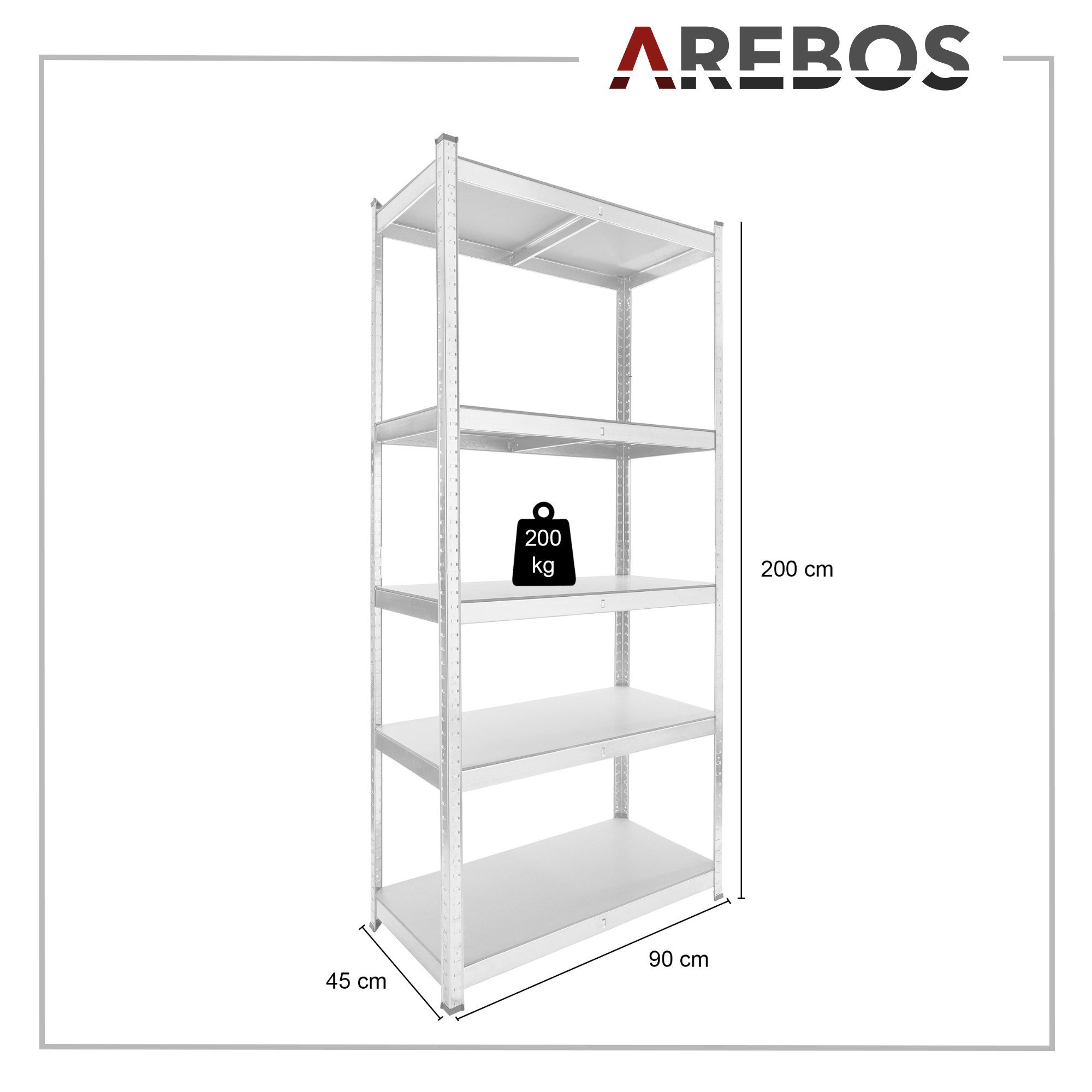 Arebos Schwerlastregal 200 x 90 x 45 cm 1000 kg Kelleregal Steckregal Lagerregal, Höhe 200 cm