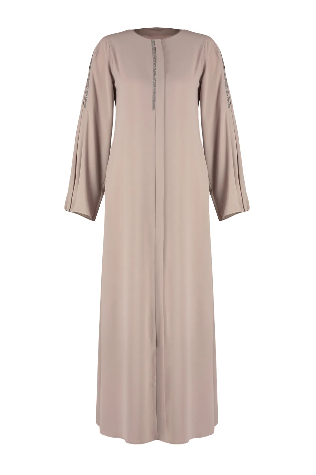 Trendyol Modest  Beigefarbene Mevlana-Kappe & Ferace & Abaya aus dünnem, gewebtem Krepp mit Steinstickereien TCTSS24KF00020