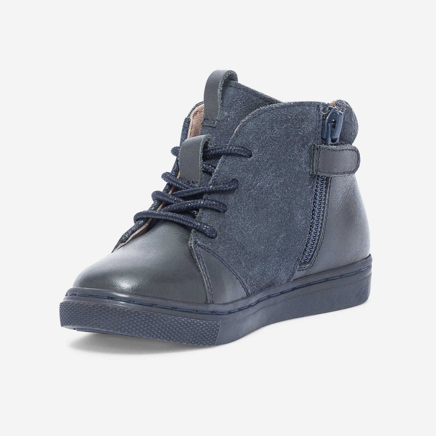 Boots à lacet bleu marine en cuir et cuir velours