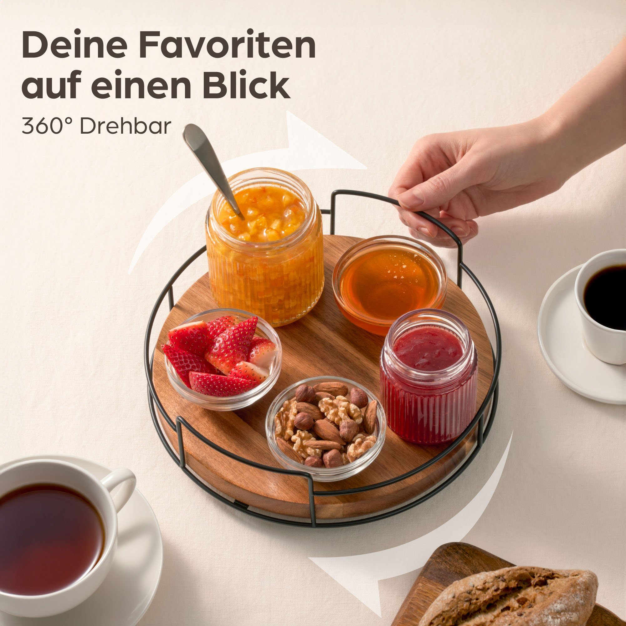 Praknu Gewürzkarussell Drehteller Organizer aus Holz Küche, Lazy Susan Tablett Servierteller, (1-tlg), Servierplatten 360° Drehbar - Rutschfest - Ø 23 cm - FSC Akazienholz