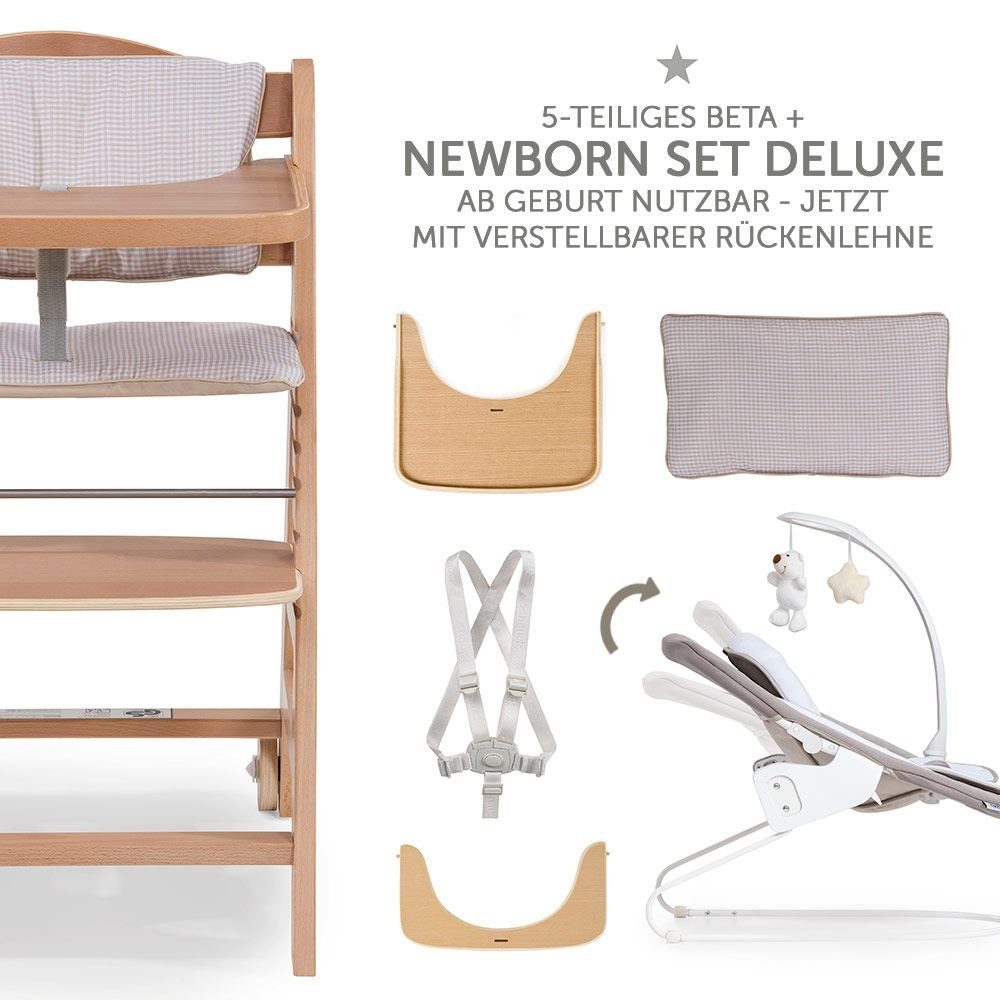 Hauck Hochstuhl Beta Plus Natur - Newborn Set Deluxe (Set, 5 St), Holz Babystuhl ab Geburt, Aufsatz für Neugeborene, Sitzkissen, Tisch