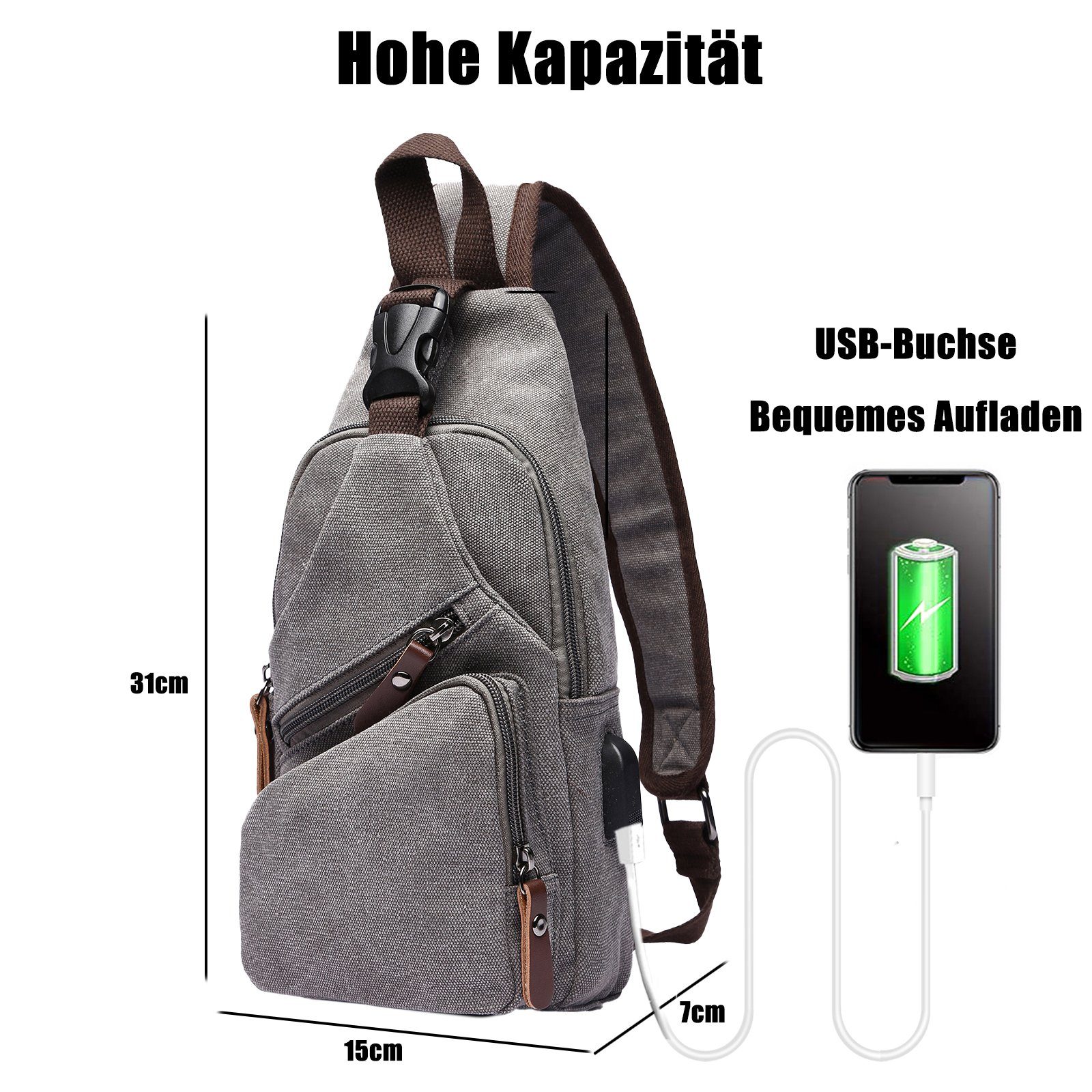 TAN.TOMI Umhängetasche Brusttasche Herren, Schultertasche Herren und Damen mit USB-Aufladung, Brusttasche, Canvas Brusttasche mit Verstellbaren Schultergurten