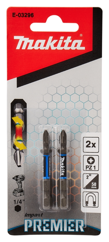 Makita Accessories E-03296 Impact Screwdriver Bit PZ1x50mm XTT Impact Premier Per 2 Pieces