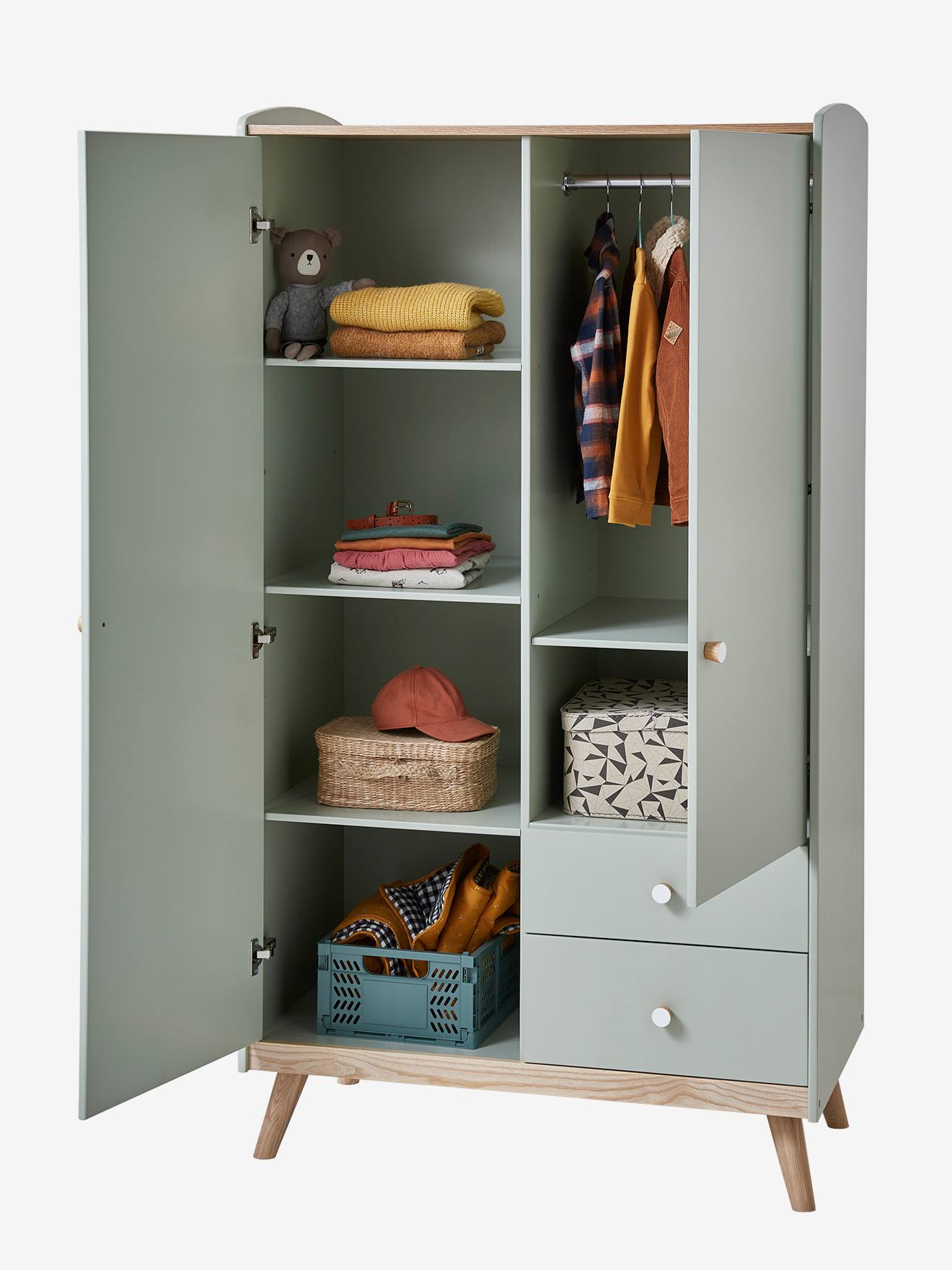 Vertbaudet Kinder Kleiderschrank KONFETTI, 2 Türen - graugrün